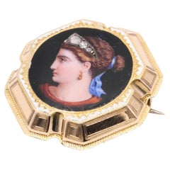 Antique Victorian 18K Gold Diamond Enamel Brooch Depicting a Classical Lady