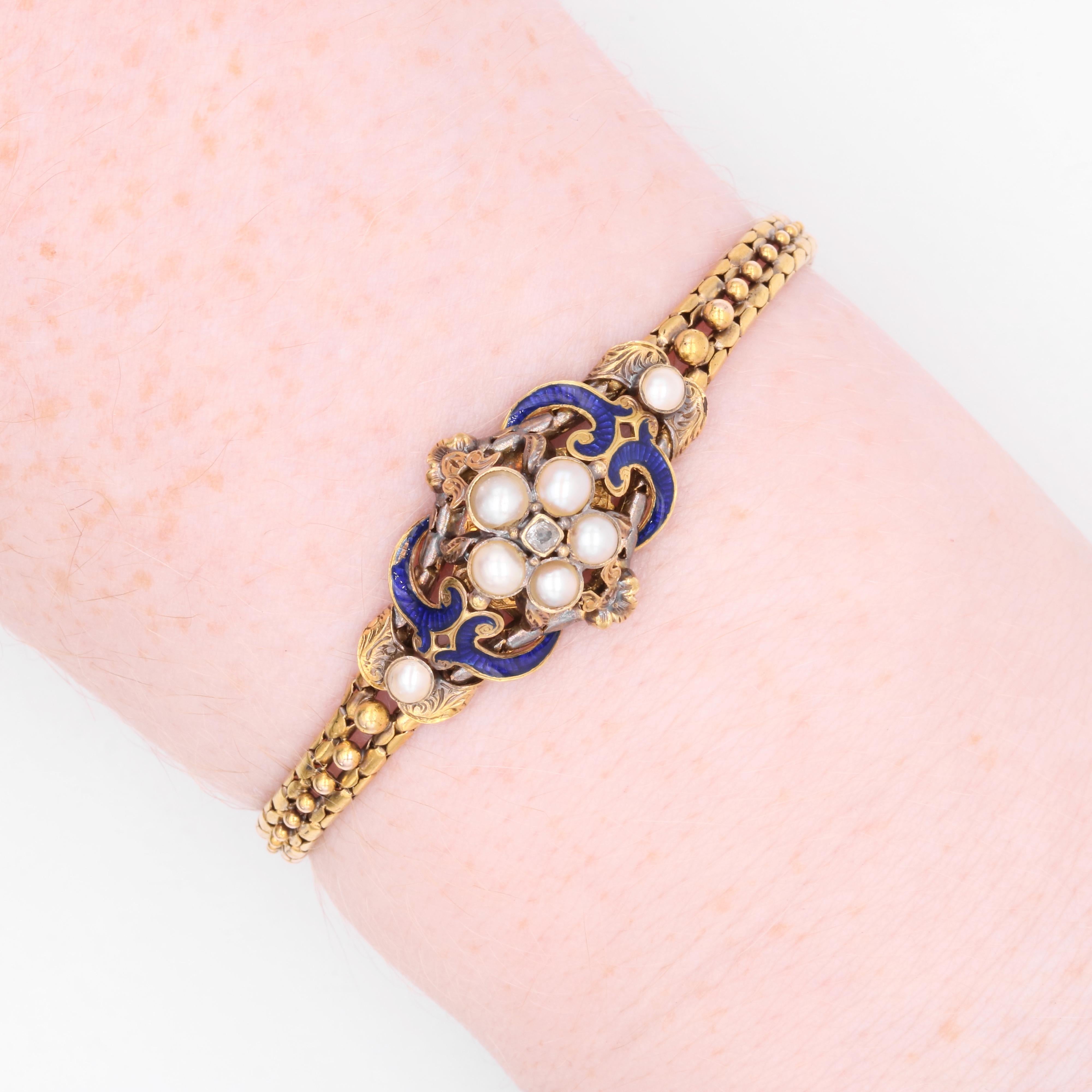 Antique Victorian 18K Gold Diamond, Pearl & Blue Enamel Engraved Bracelet For Sale 5
