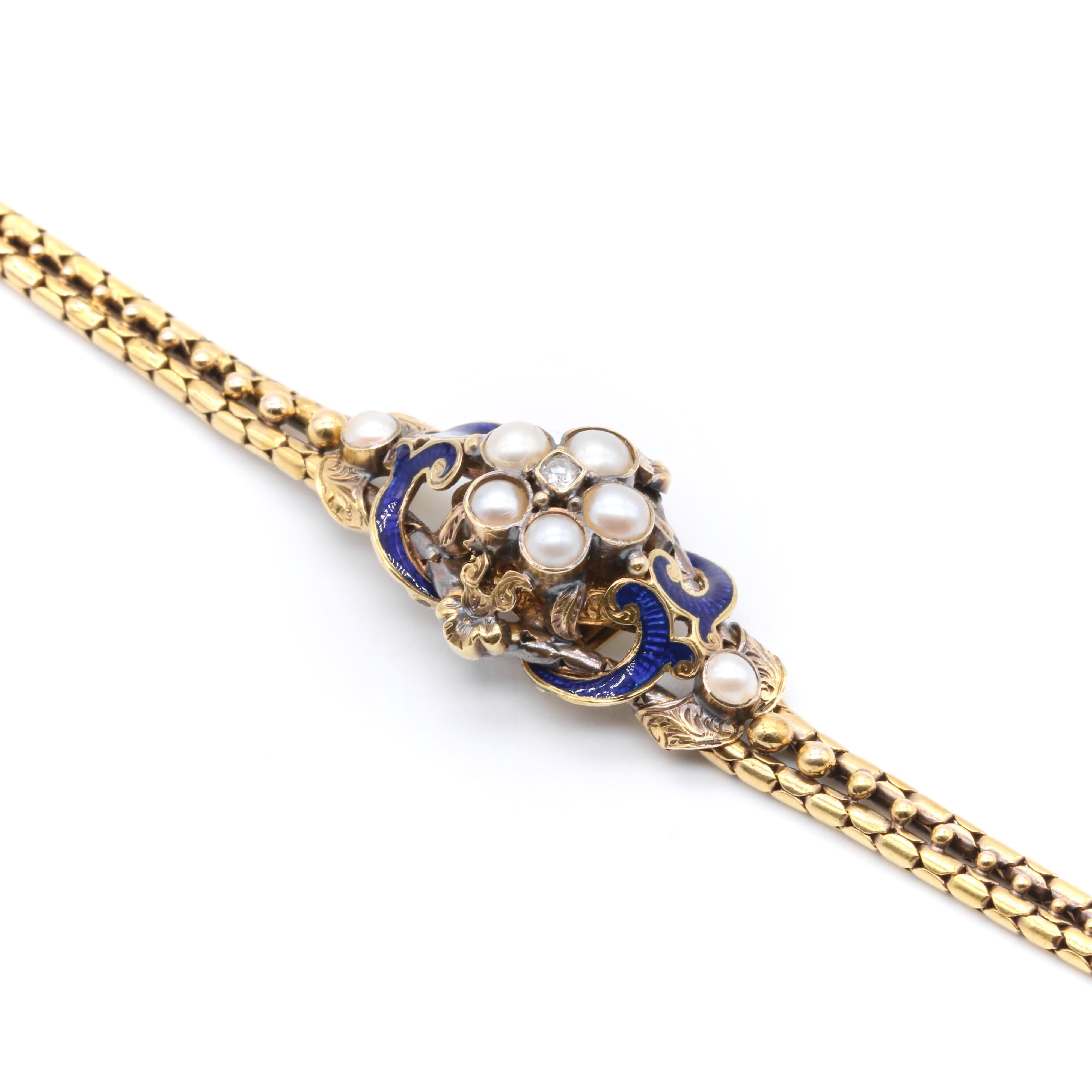 Old Mine Cut Antique Victorian 18K Gold Diamond, Pearl & Blue Enamel Engraved Bracelet For Sale