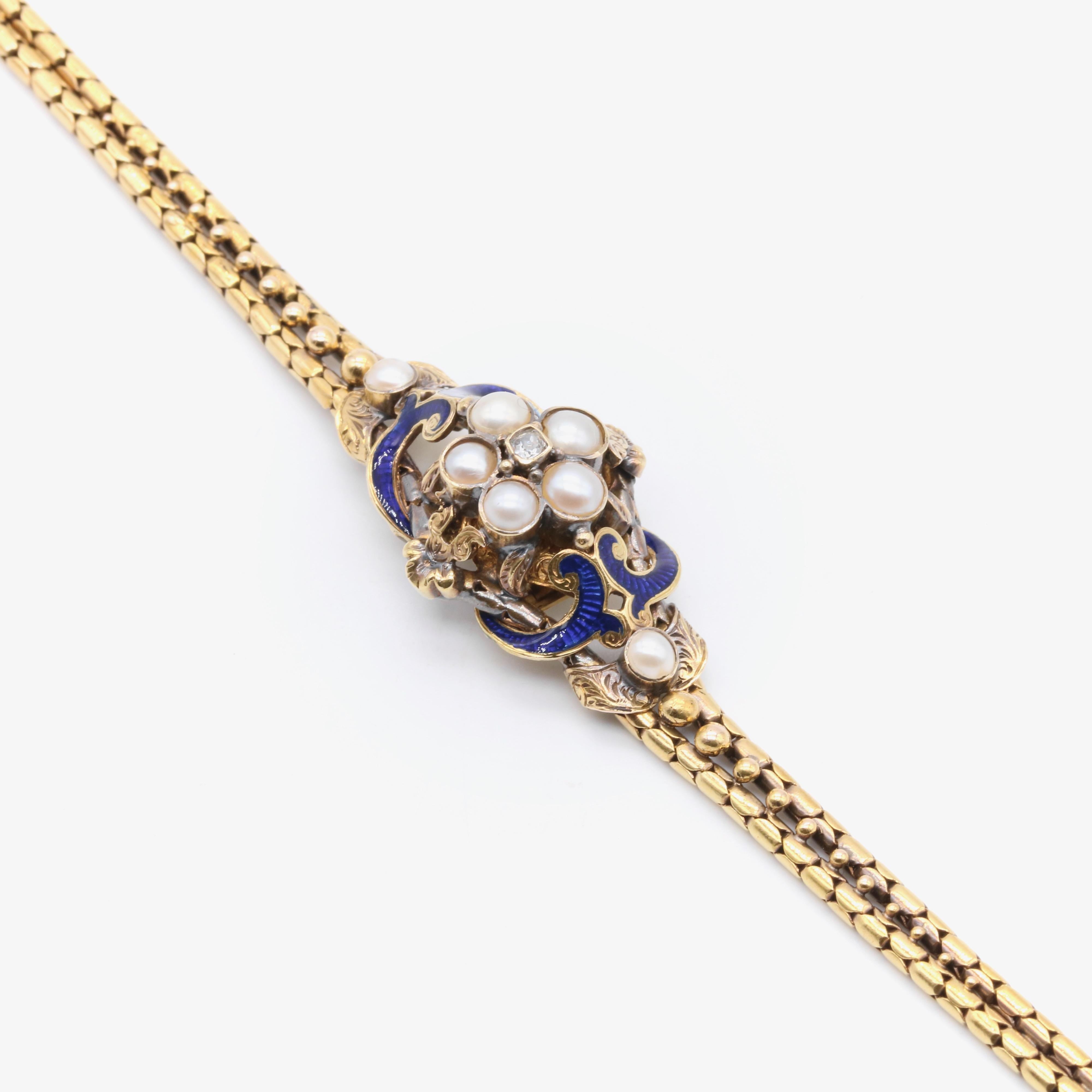 Antique Victorian 18K Gold Diamond, Pearl & Blue Enamel Engraved Bracelet In Good Condition For Sale In Staines-Upon-Thames, GB