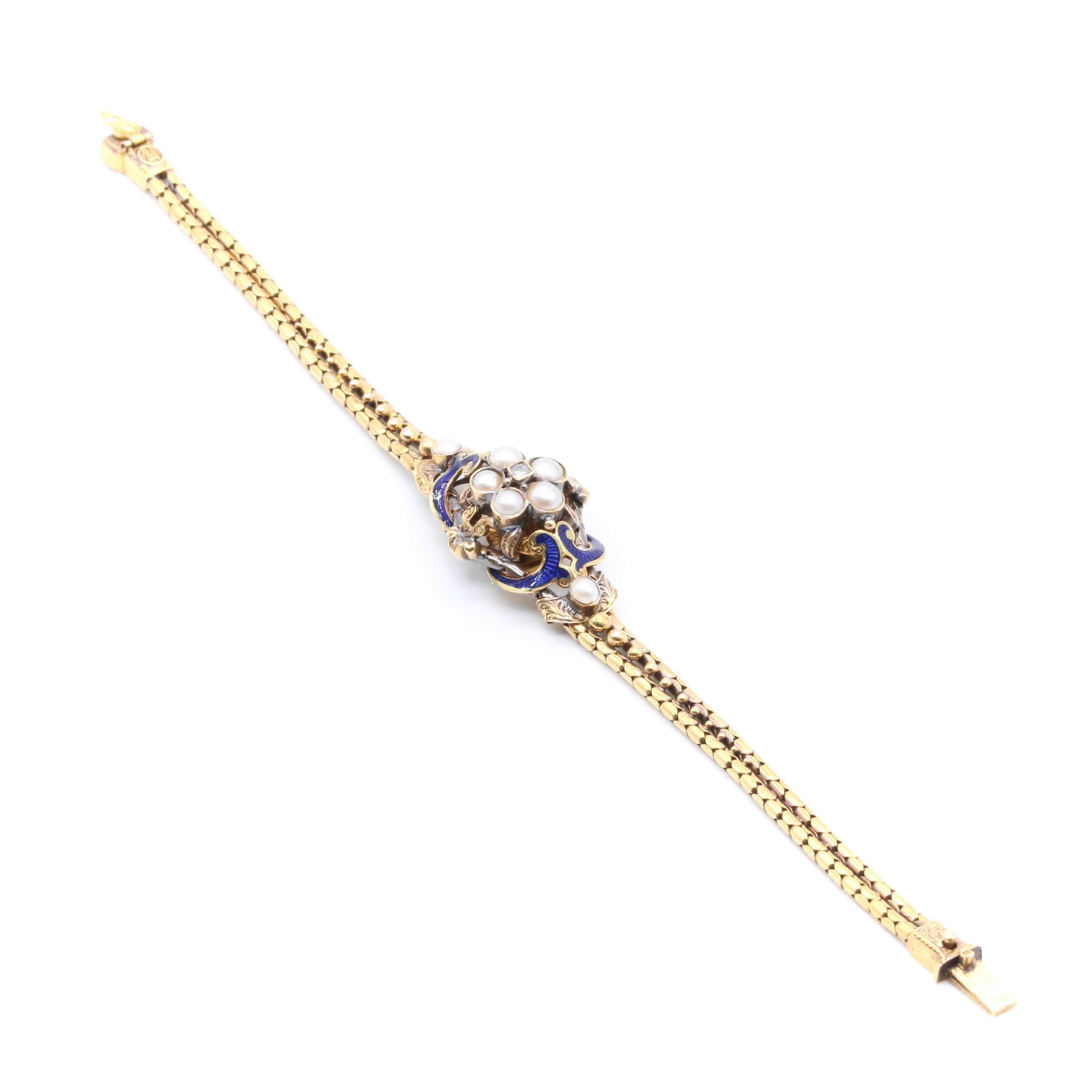 Women's or Men's Antique Victorian 18K Gold Diamond, Pearl & Blue Enamel Engraved Bracelet For Sale