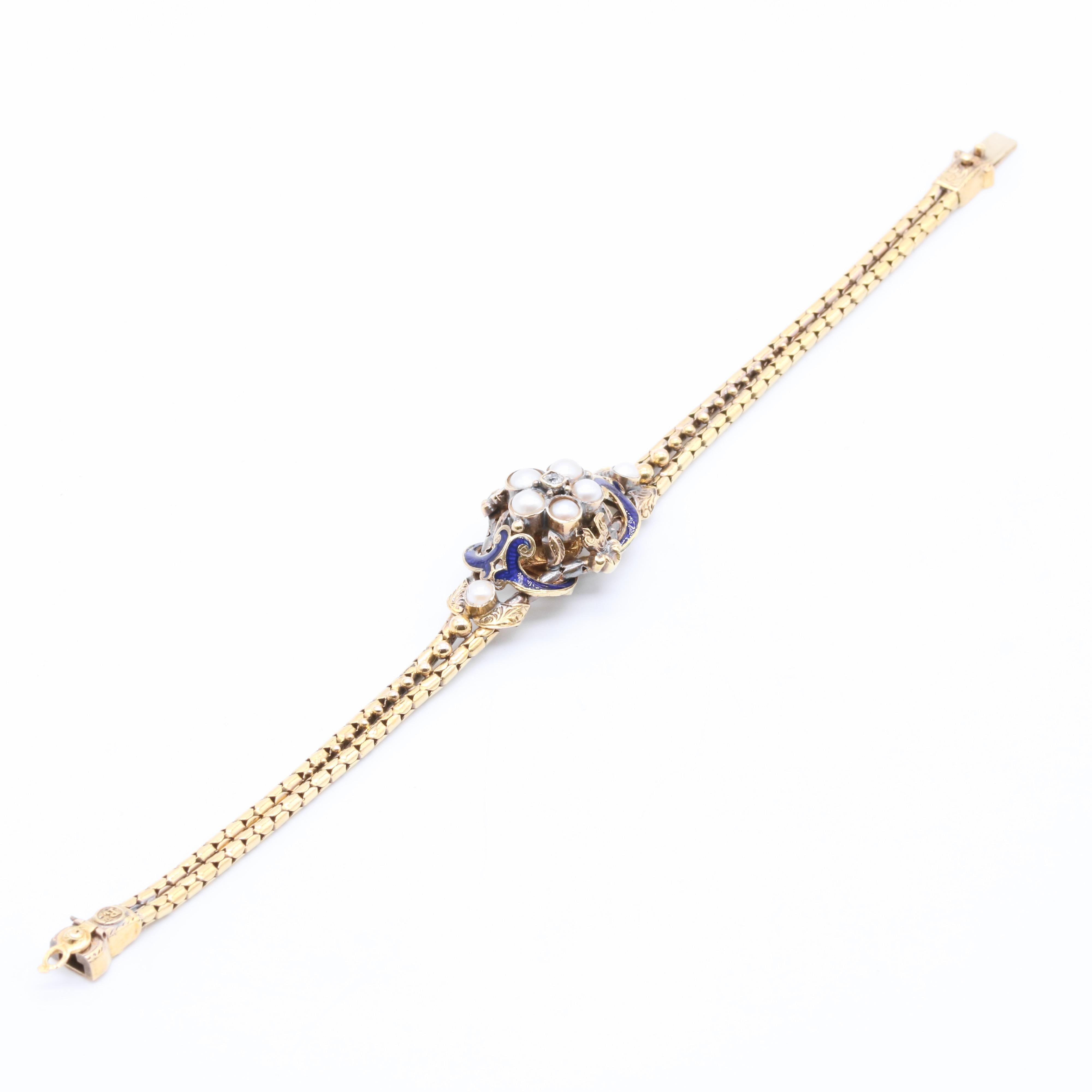 Antique Victorian 18K Gold Diamond, Pearl & Blue Enamel Engraved Bracelet For Sale 1