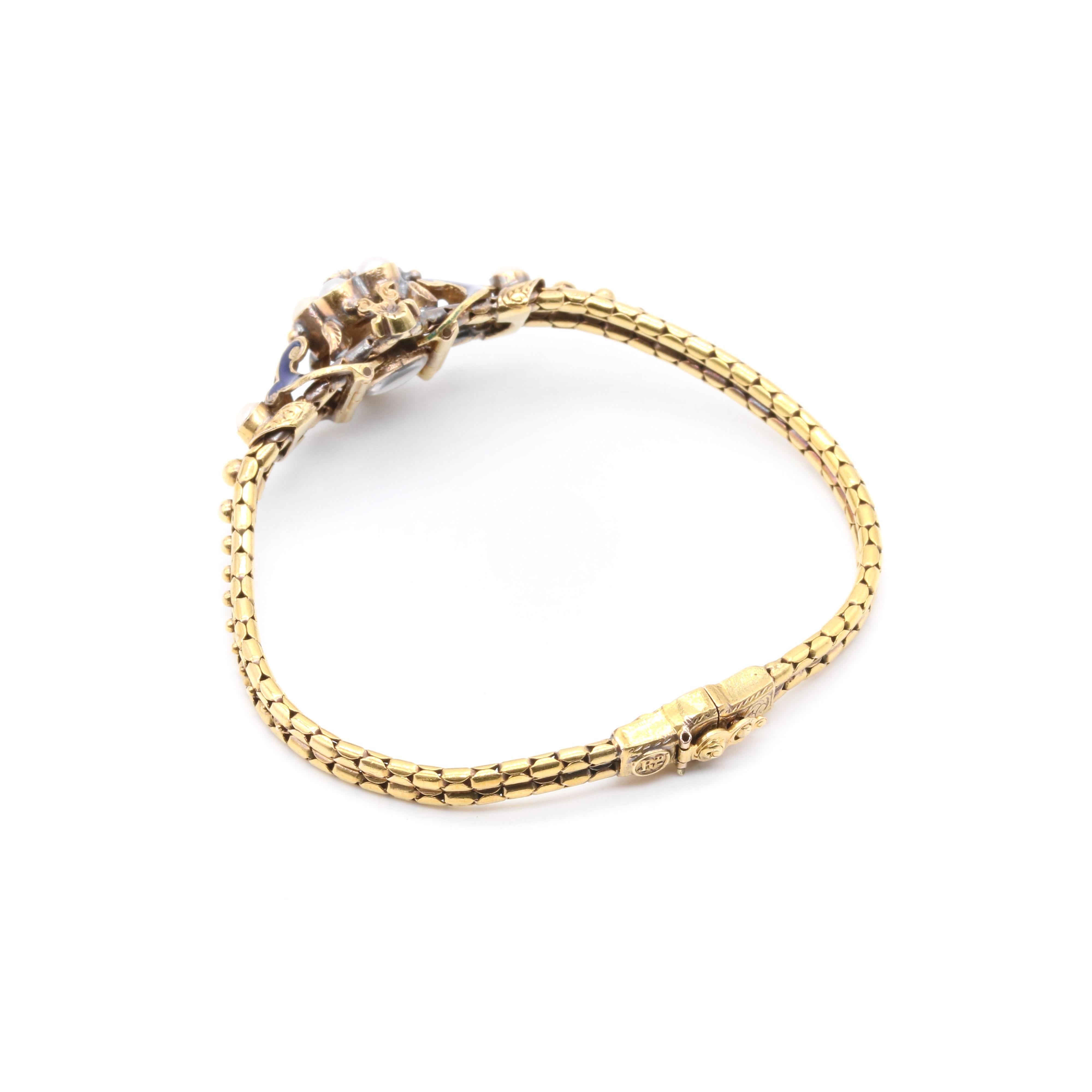Antique Victorian 18K Gold Diamond, Pearl & Blue Enamel Engraved Bracelet For Sale 2