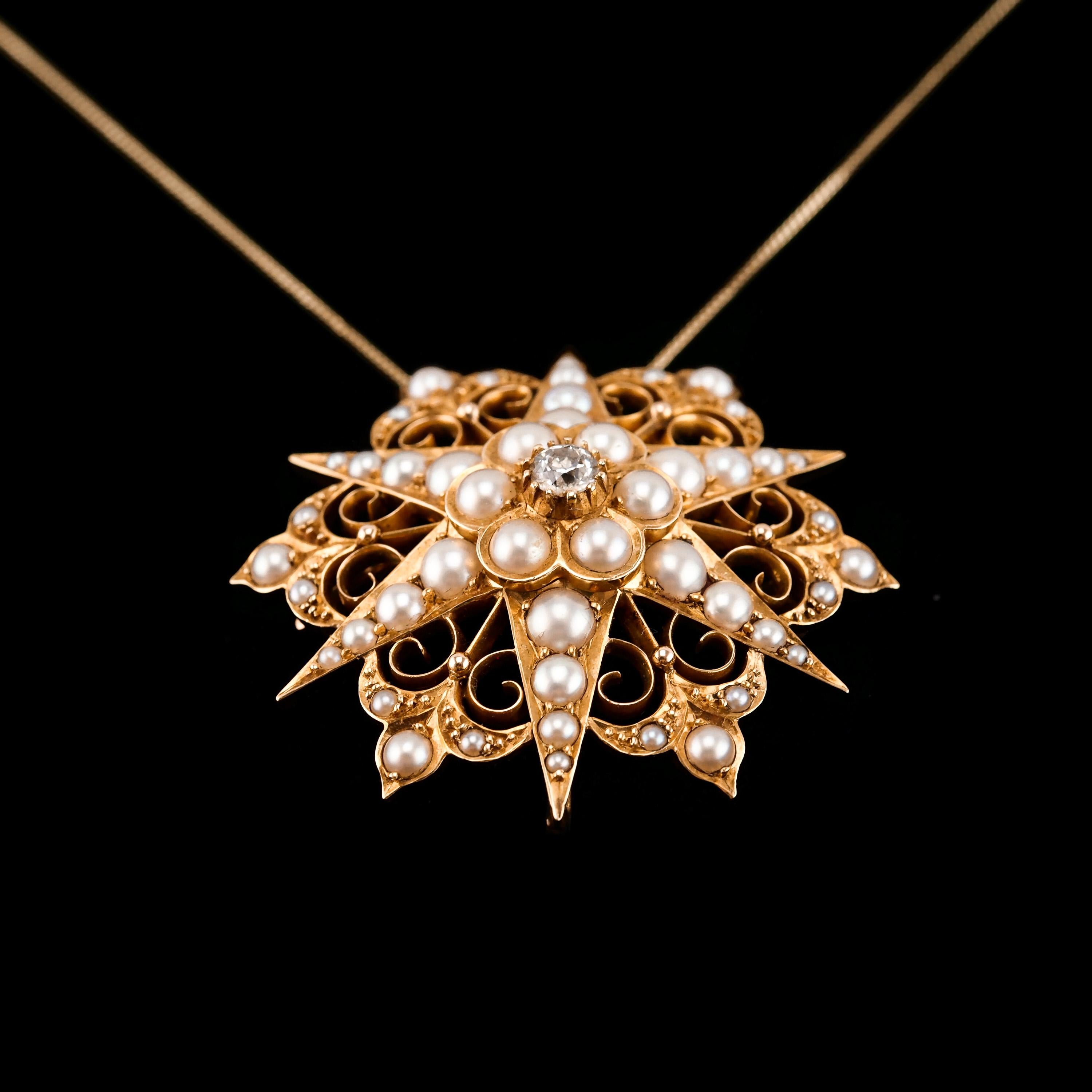 Antike viktorianische 18 Karat Gold Diamant-Perlen-Stern-Halskette-Anhänger-Brosche - um 1890 5