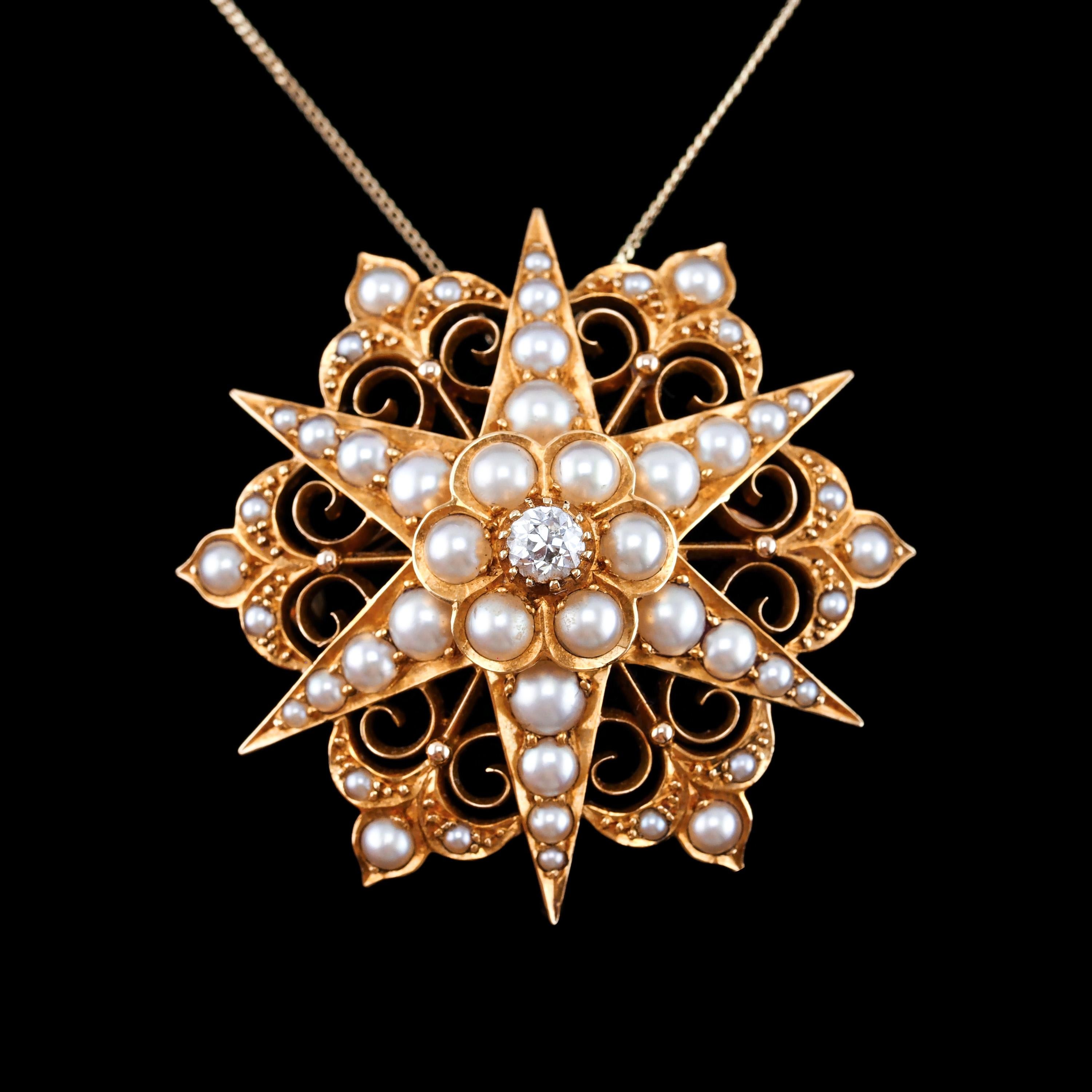 Antike viktorianische 18 Karat Gold Diamant-Perlen-Stern-Halskette-Anhänger-Brosche - um 1890 6