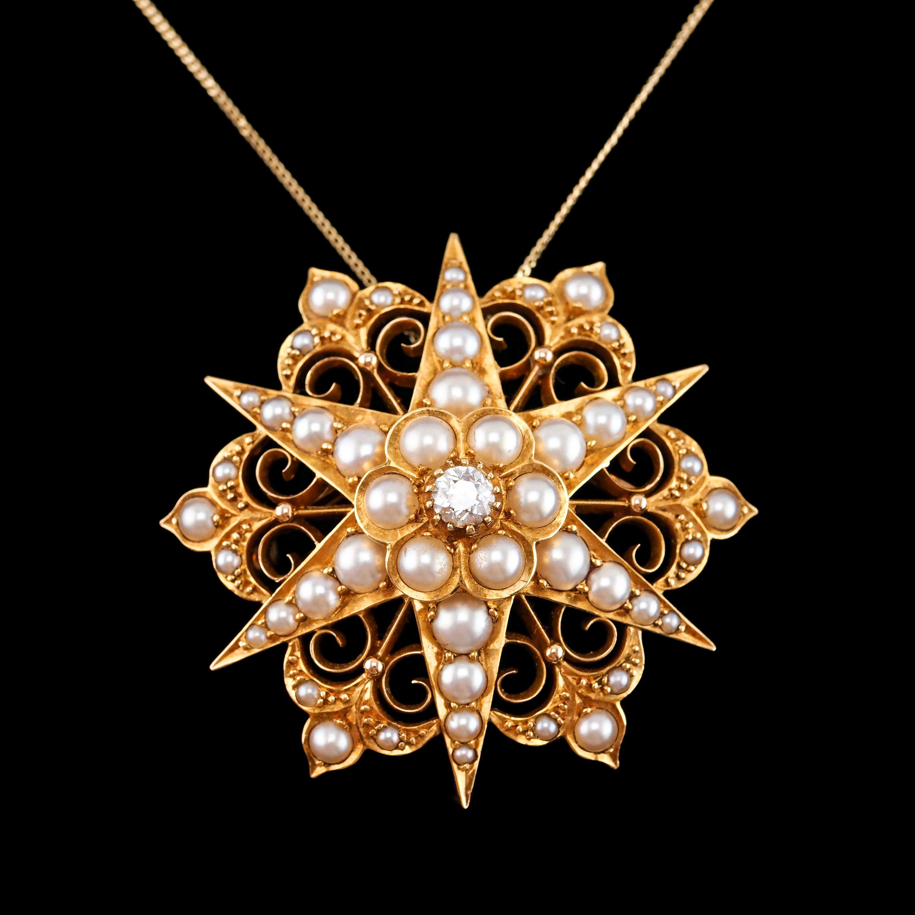 Antike viktorianische 18 Karat Gold Diamant-Perlen-Stern-Halskette-Anhänger-Brosche - um 1890 7