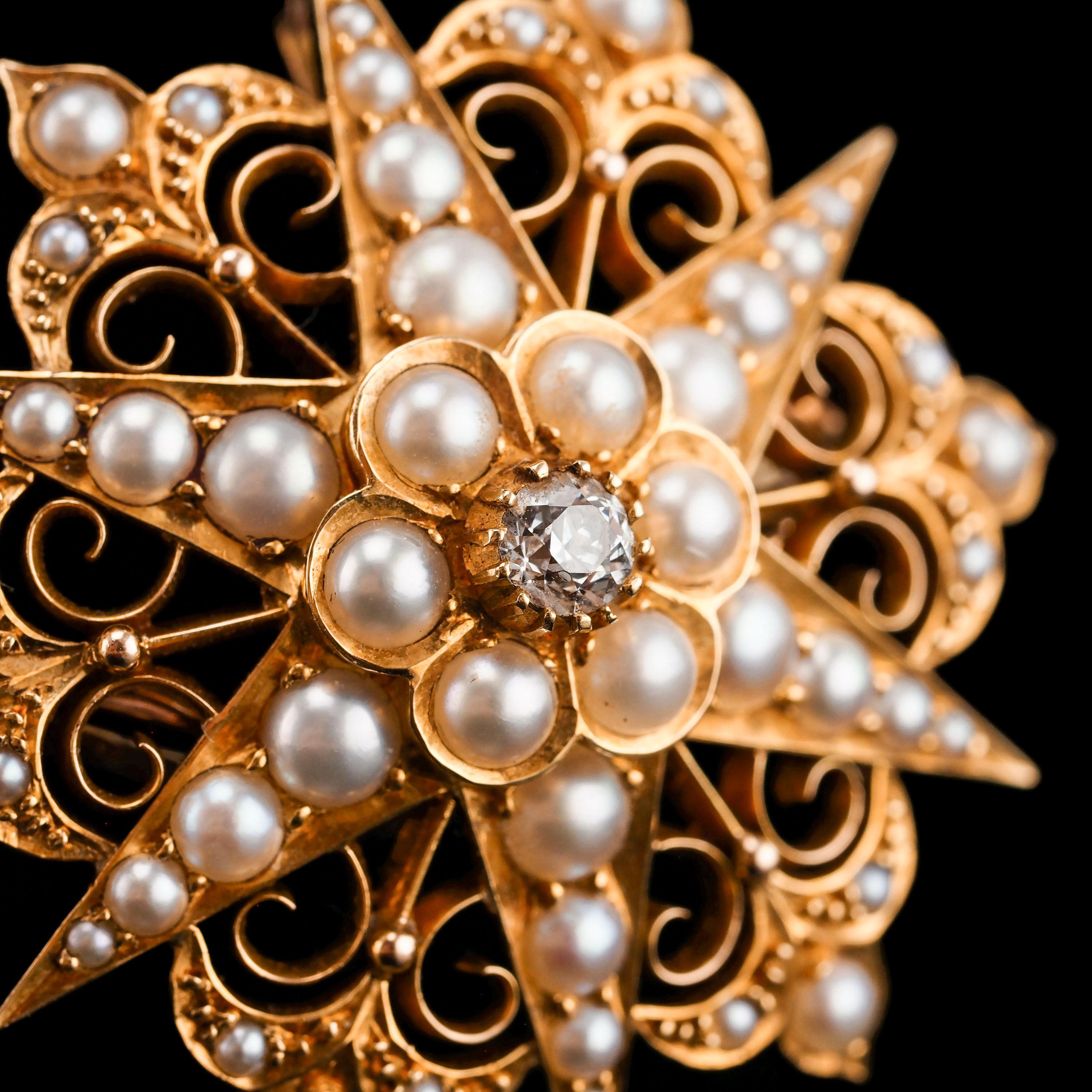 Antike viktorianische 18 Karat Gold Diamant-Perlen-Stern-Halskette-Anhänger-Brosche - um 1890 8
