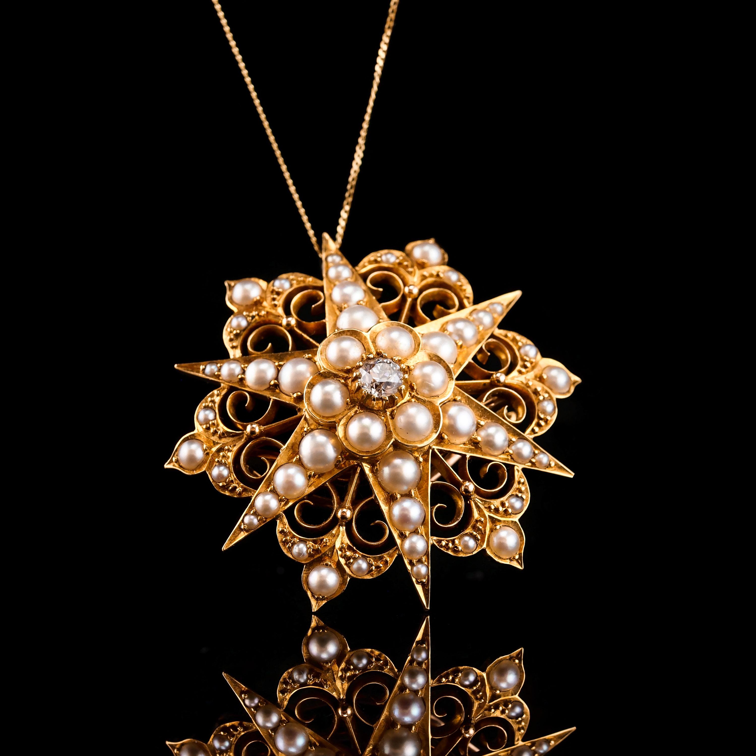 Antike viktorianische 18 Karat Gold Diamant-Perlen-Stern-Halskette-Anhänger-Brosche - um 1890 (Alteuropäischer Schliff)