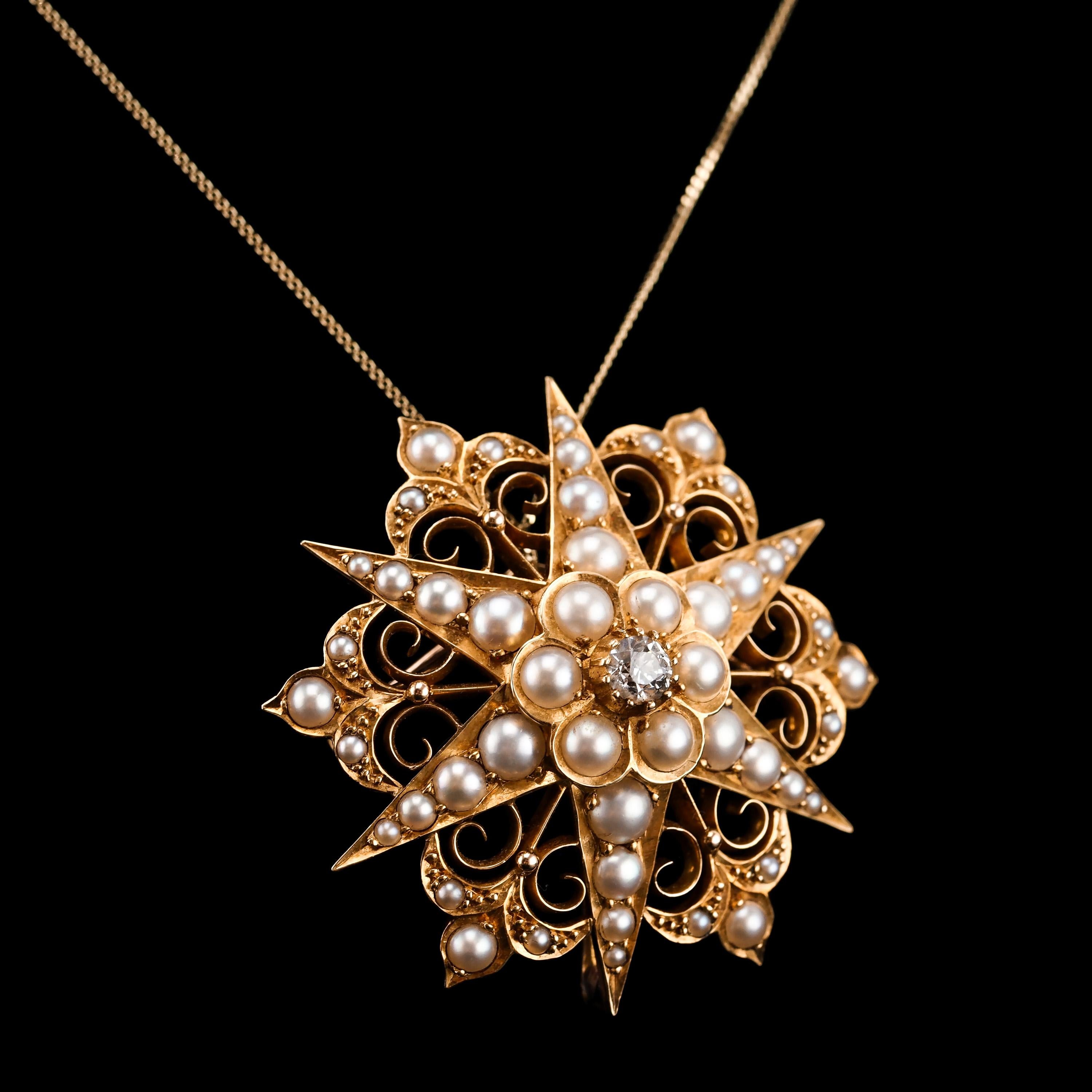 Antike viktorianische 18 Karat Gold Diamant-Perlen-Stern-Halskette-Anhänger-Brosche - um 1890 2