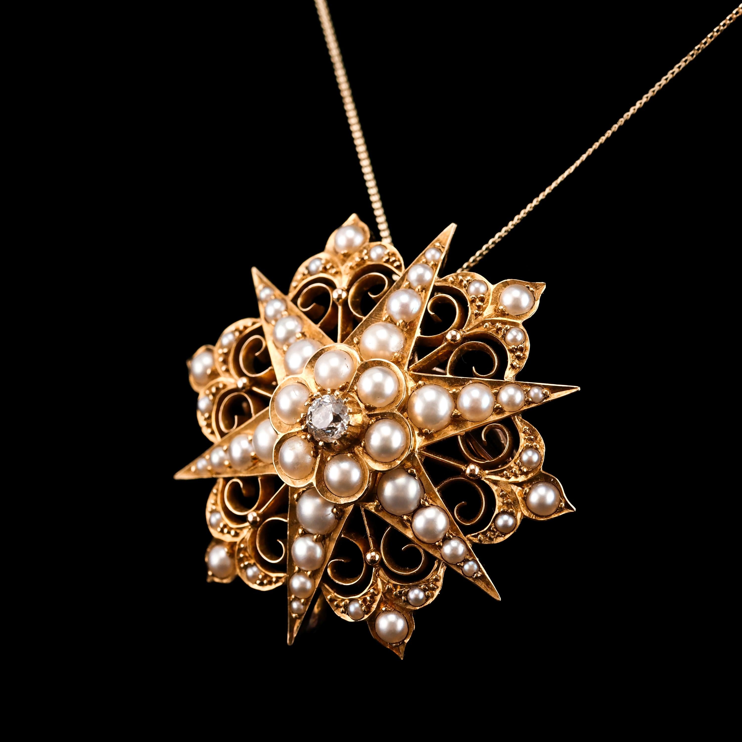 Antike viktorianische 18 Karat Gold Diamant-Perlen-Stern-Halskette-Anhänger-Brosche - um 1890 3