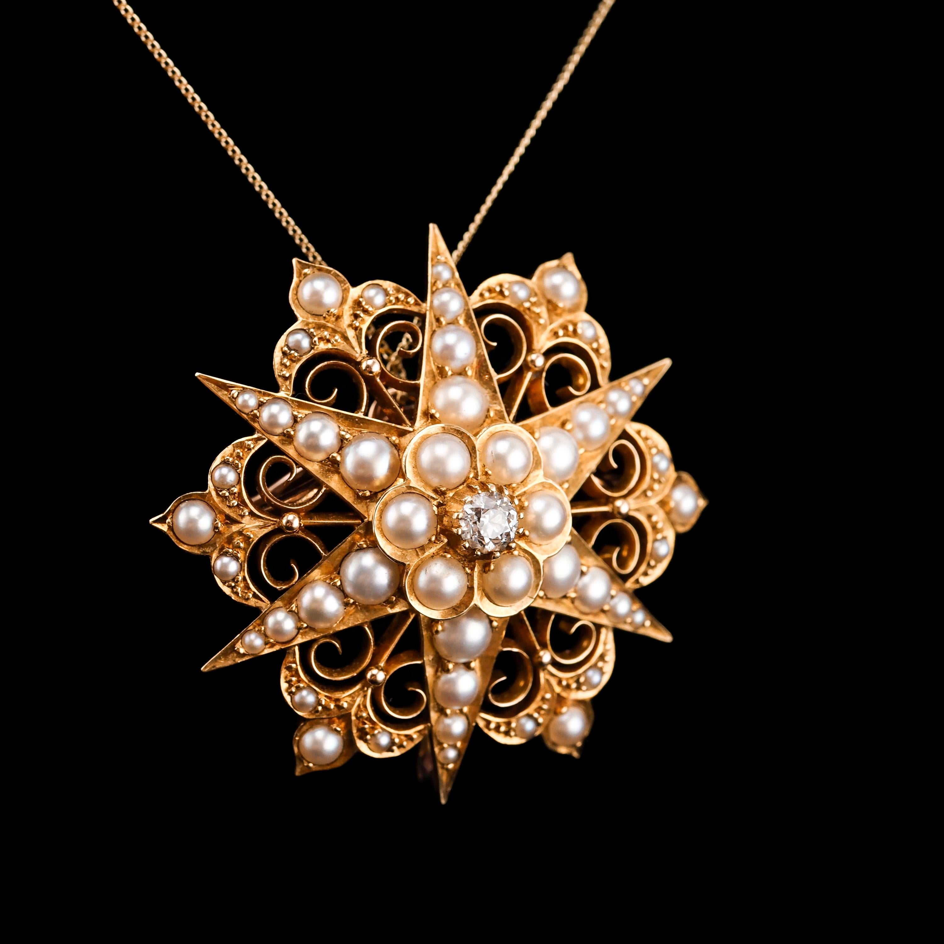 Antike viktorianische 18 Karat Gold Diamant-Perlen-Stern-Halskette-Anhänger-Brosche - um 1890 4