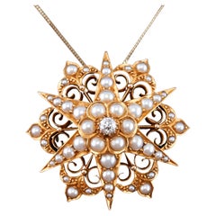 Antique Victorian 18K Gold Diamond Pearl Star Necklace Pendant Brooch - c.1890