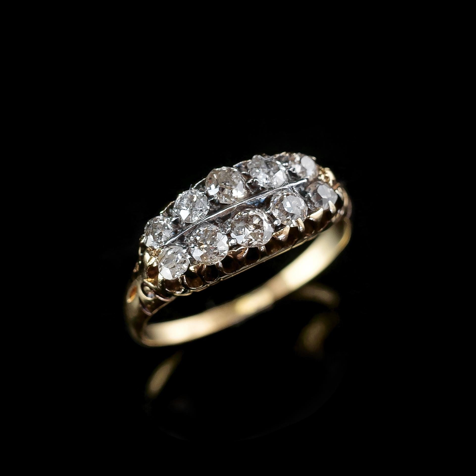 Antique Victorian 18K Gold Diamond Ring Old Cut Two Row Boat-Shaped, c.1890 For Sale 2