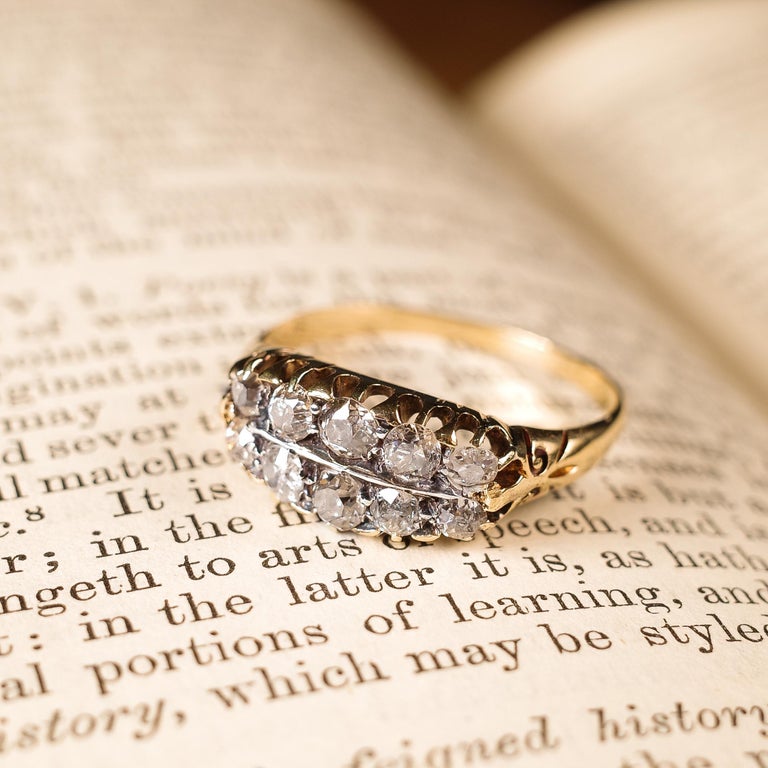 Antique Victorian 18K Gold Diamond Ring Old Mine Cut Two Row Boat ...