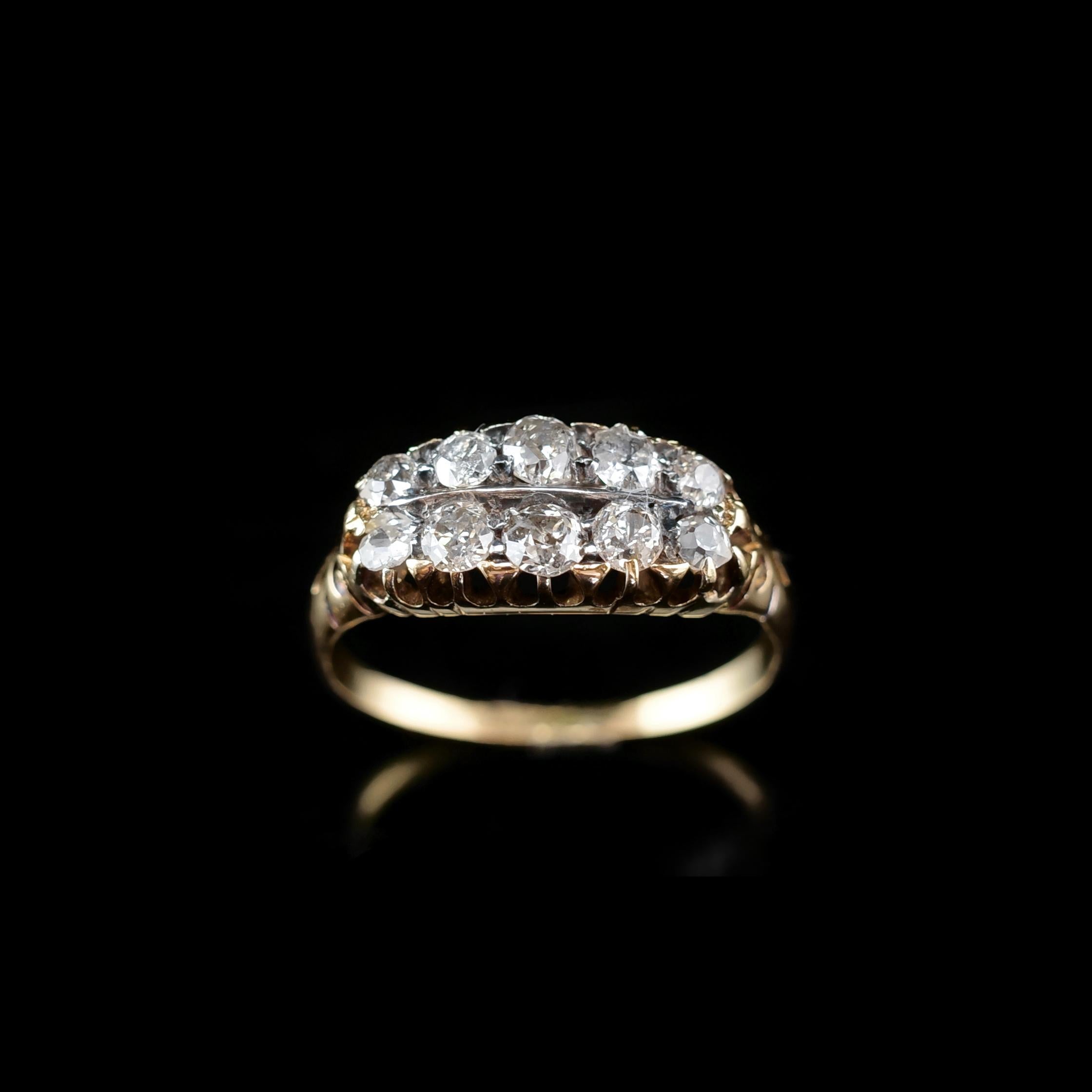 Antique Victorian 18K Gold Diamond Ring Old Cut Two Row Boat-Shaped, c.1890 For Sale 1