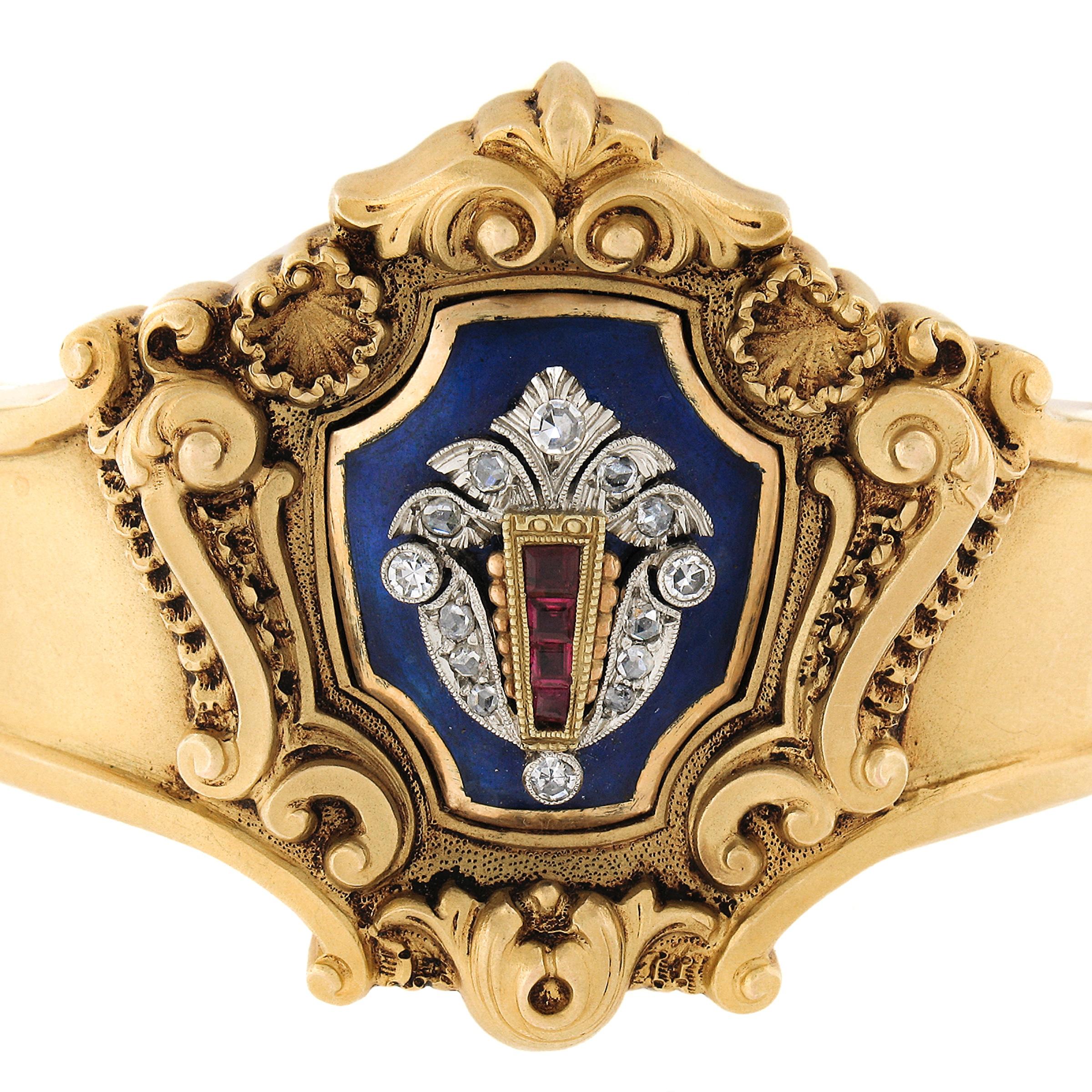 Square Cut Antique Victorian 18K Gold Diamond & Ruby Enamel Repousse Work Bangle Bracelet For Sale