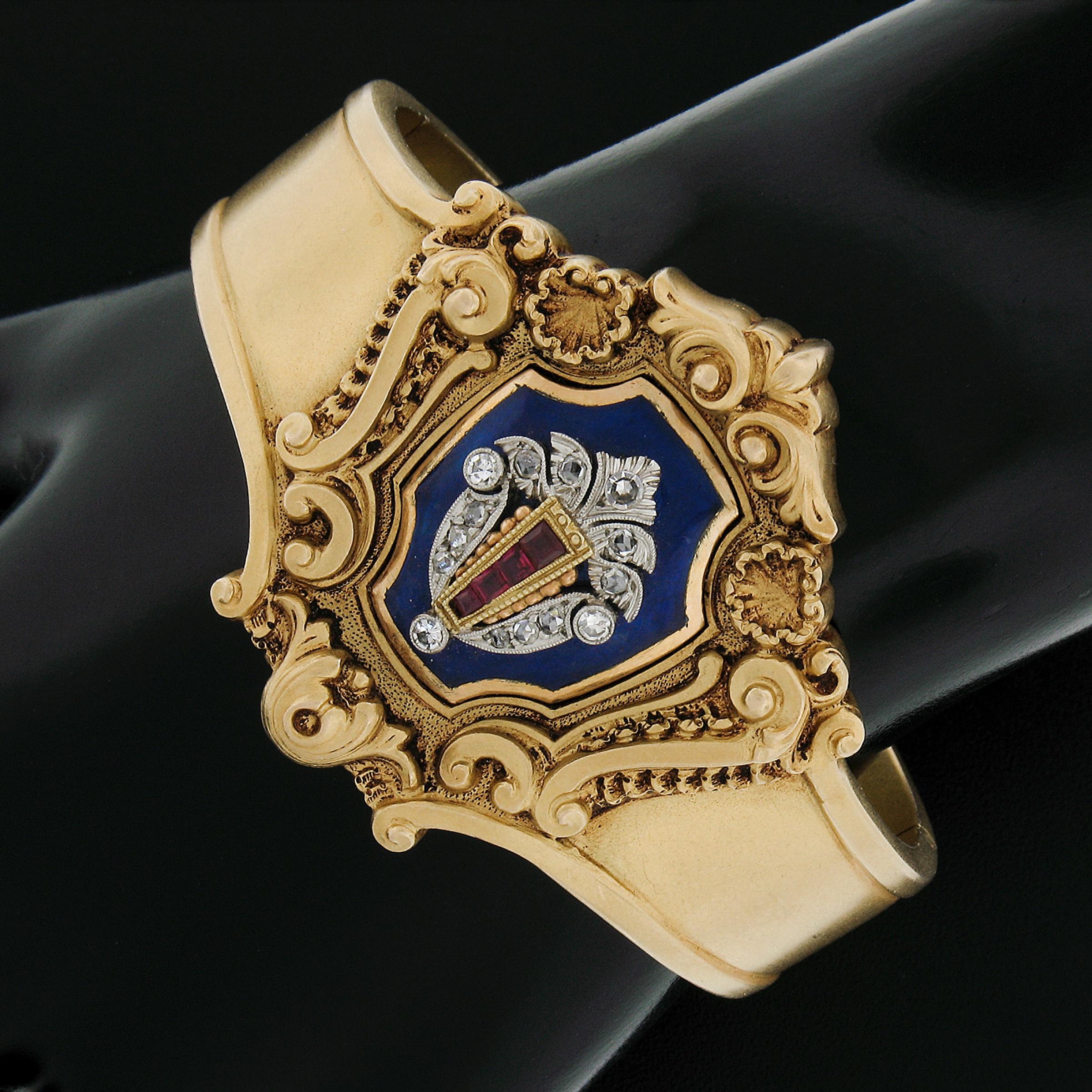 Antique Victorian 18K Gold Diamond & Ruby Enamel Repousse Work Bangle Bracelet In Excellent Condition For Sale In Montclair, NJ