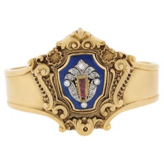 Antique Victorian 18K Gold Diamond & Ruby Enamel Repousse Work Bangle Bracelet