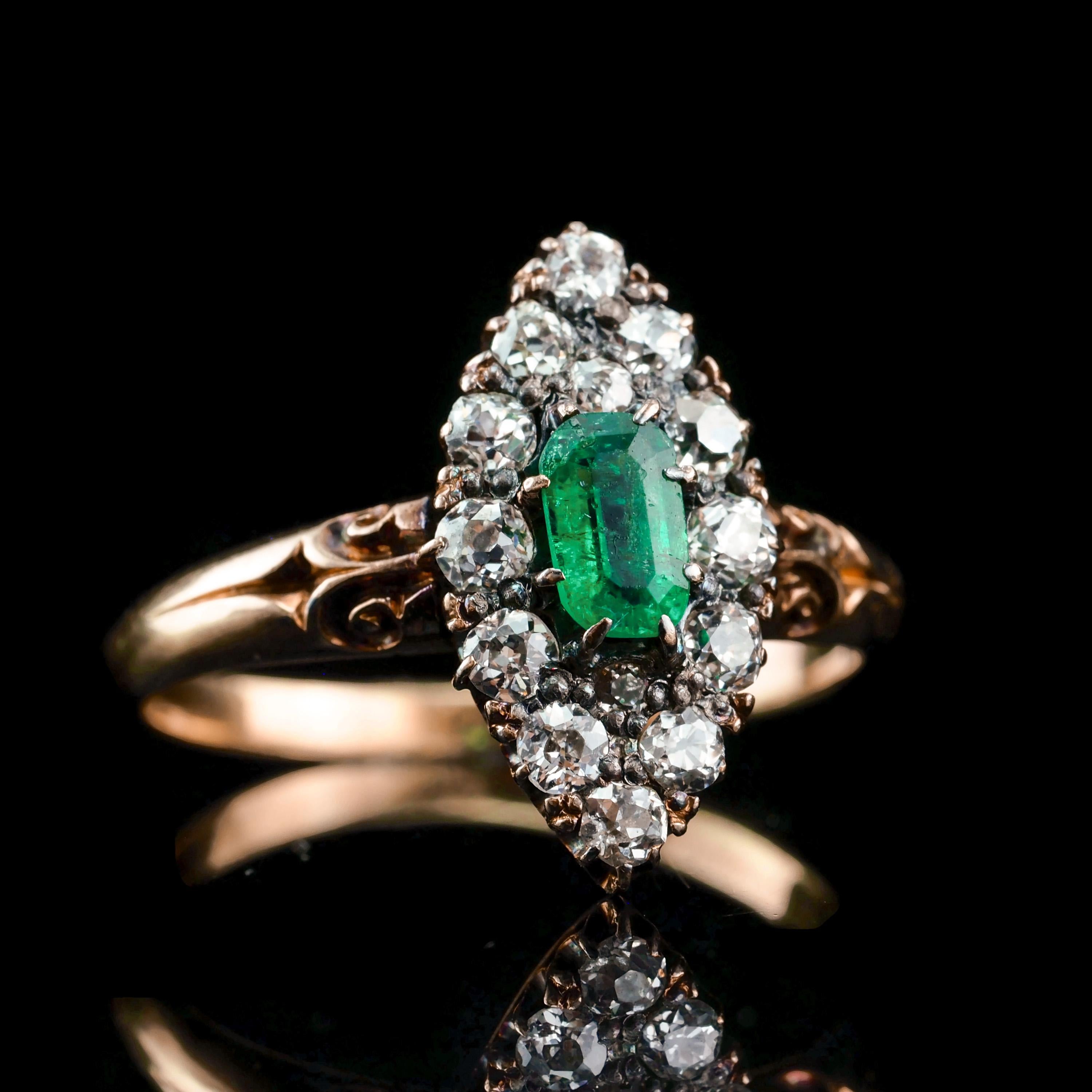 Antique Victorian 18K Gold Emerald & Diamond Navette Cluster Ring - c.1880 For Sale 5