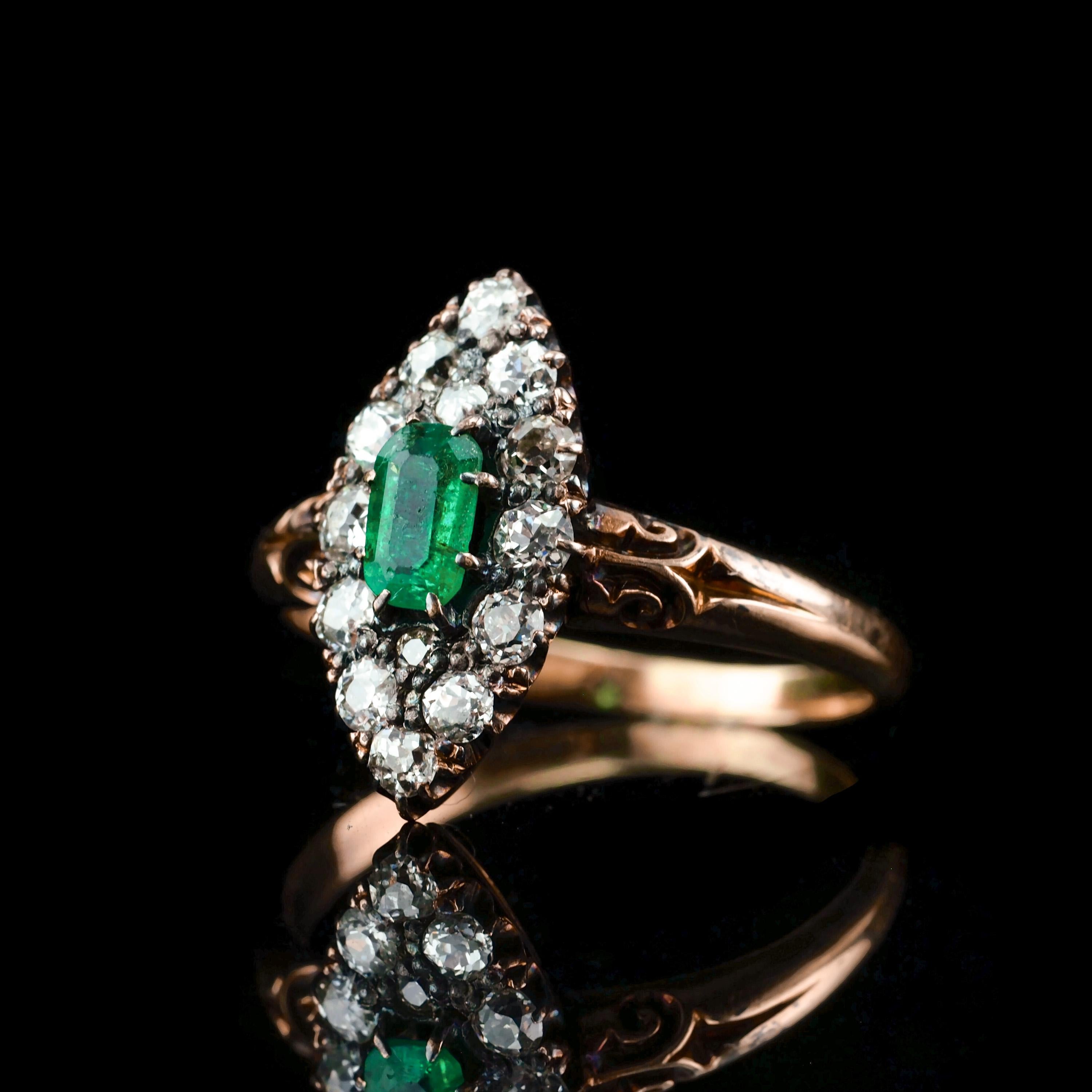 Antique Victorian 18K Gold Emerald & Diamond Navette Cluster Ring - c.1880 For Sale 6