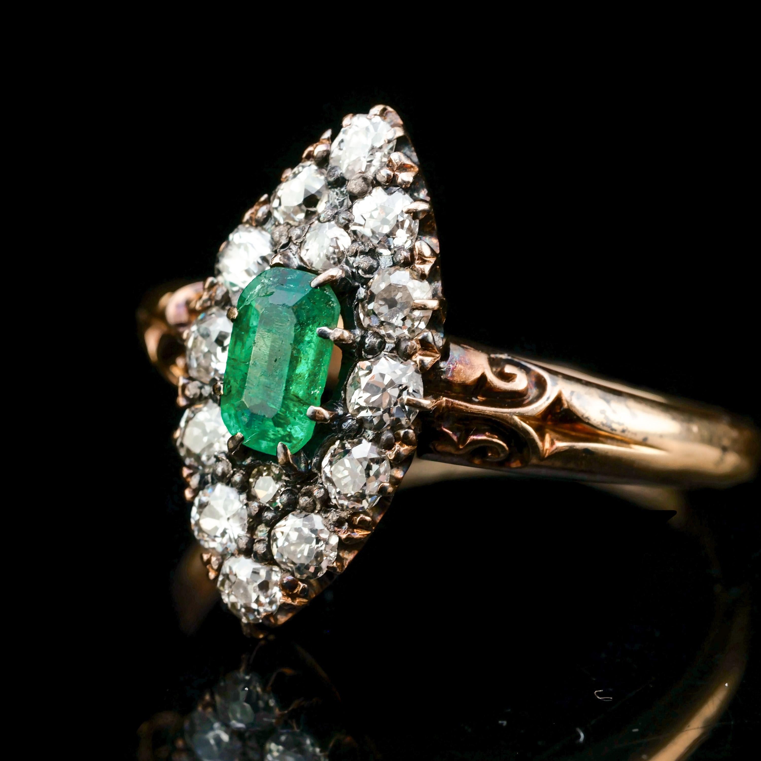 Antique Victorian 18K Gold Emerald & Diamond Navette Cluster Ring - c.1880 For Sale 7