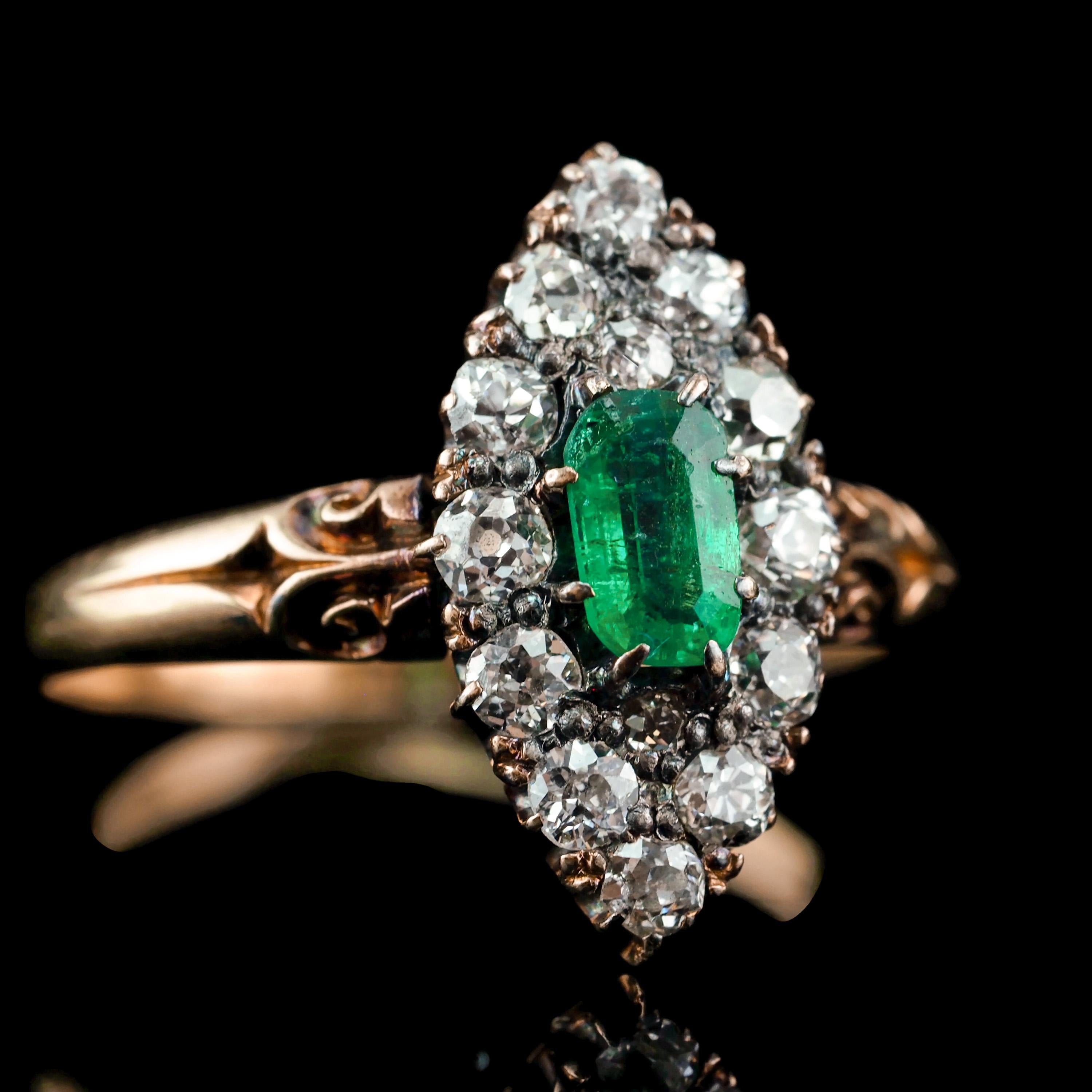 Antique Victorian 18K Gold Emerald & Diamond Navette Cluster Ring - c.1880 For Sale 8