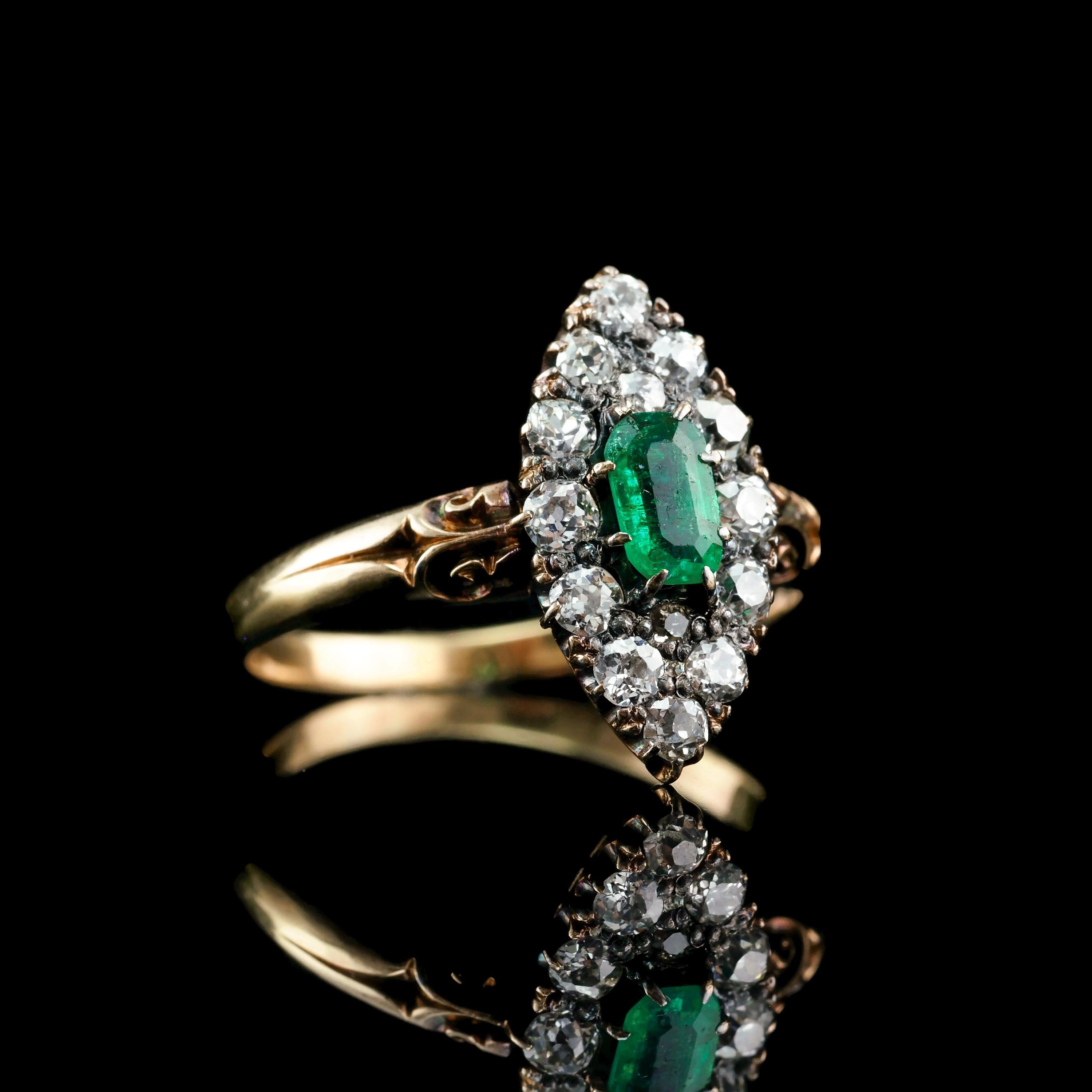Antique Victorian 18K Gold Emerald & Diamond Navette Cluster Ring - c.1880 For Sale 9