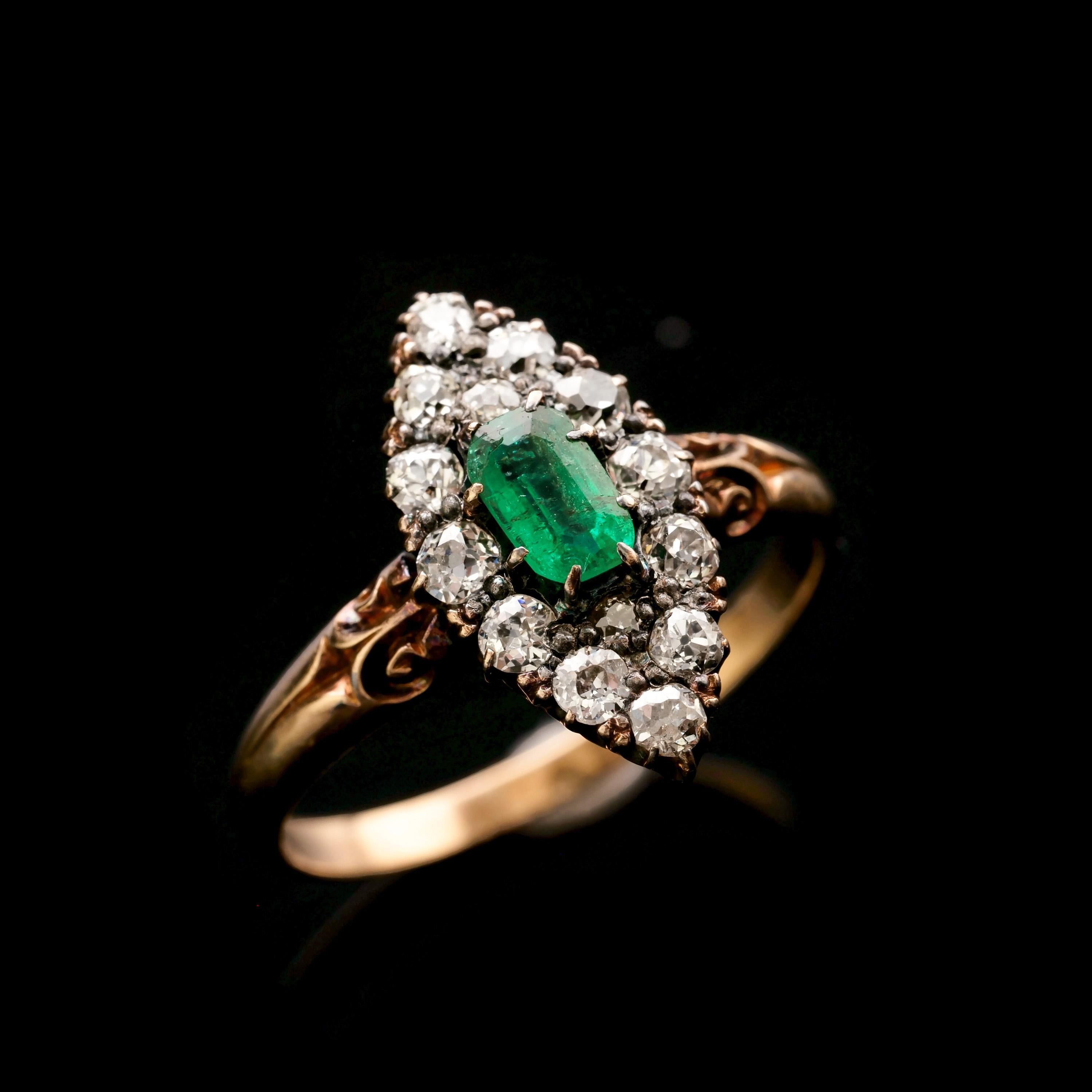 Antique Victorian 18K Gold Emerald & Diamond Navette Cluster Ring - c.1880 For Sale 10
