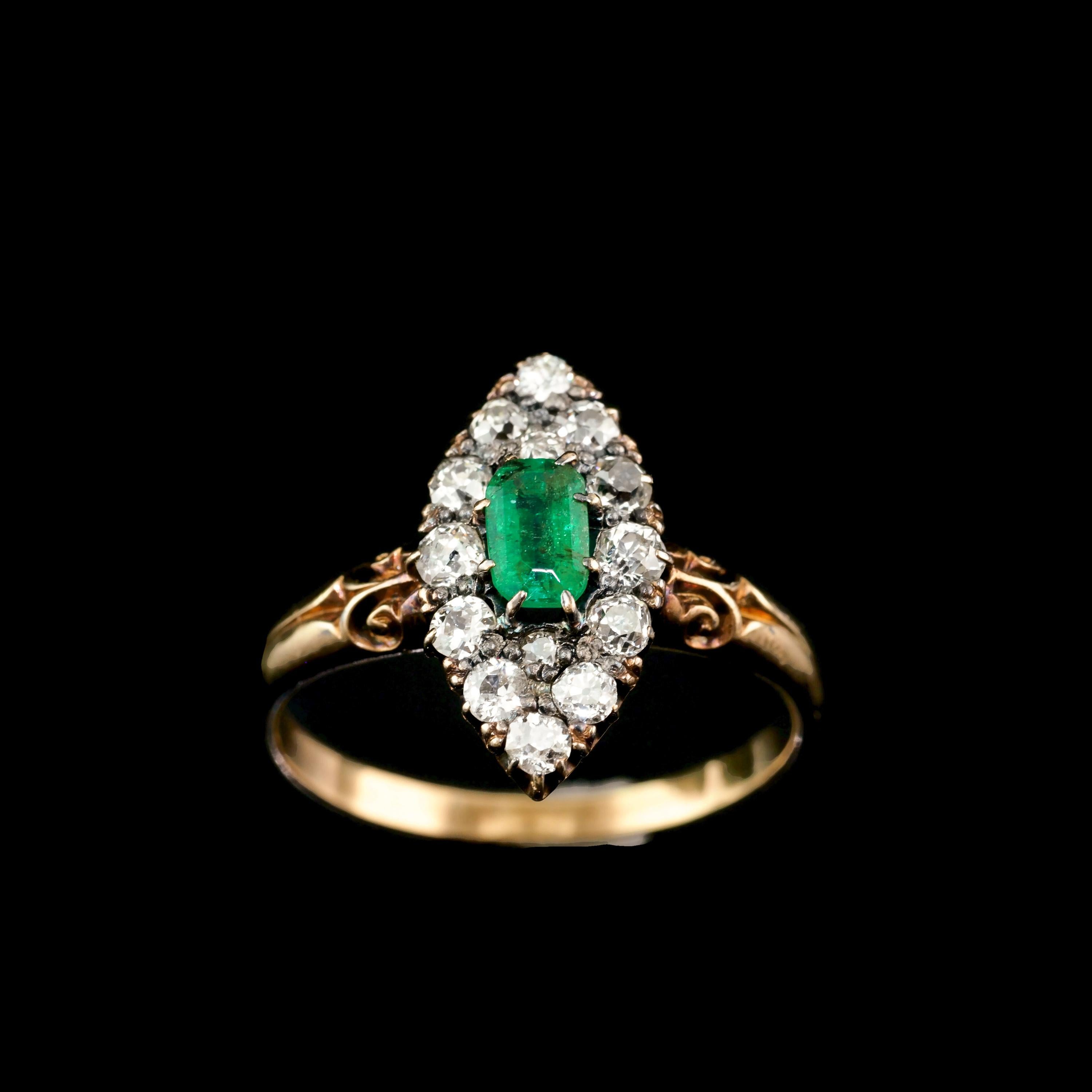 Antique Victorian 18K Gold Emerald & Diamond Navette Cluster Ring - c.1880 For Sale 11