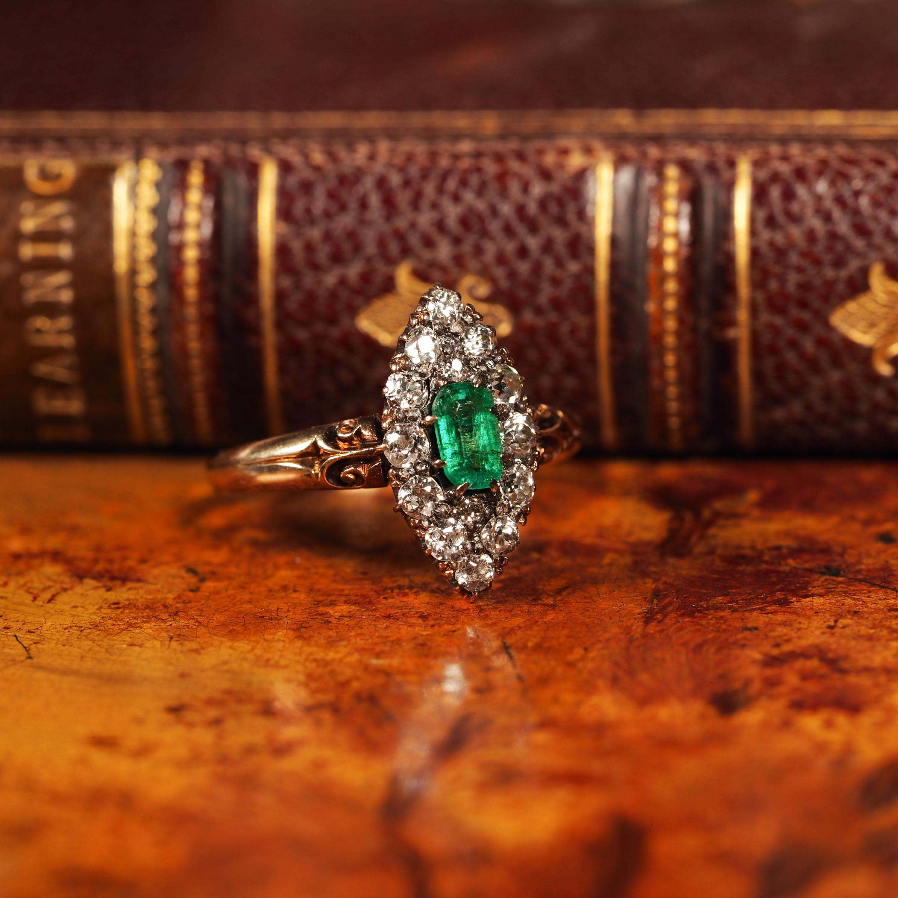 Emerald Cut Antique Victorian 18K Gold Emerald & Diamond Navette Cluster Ring - c.1880 For Sale