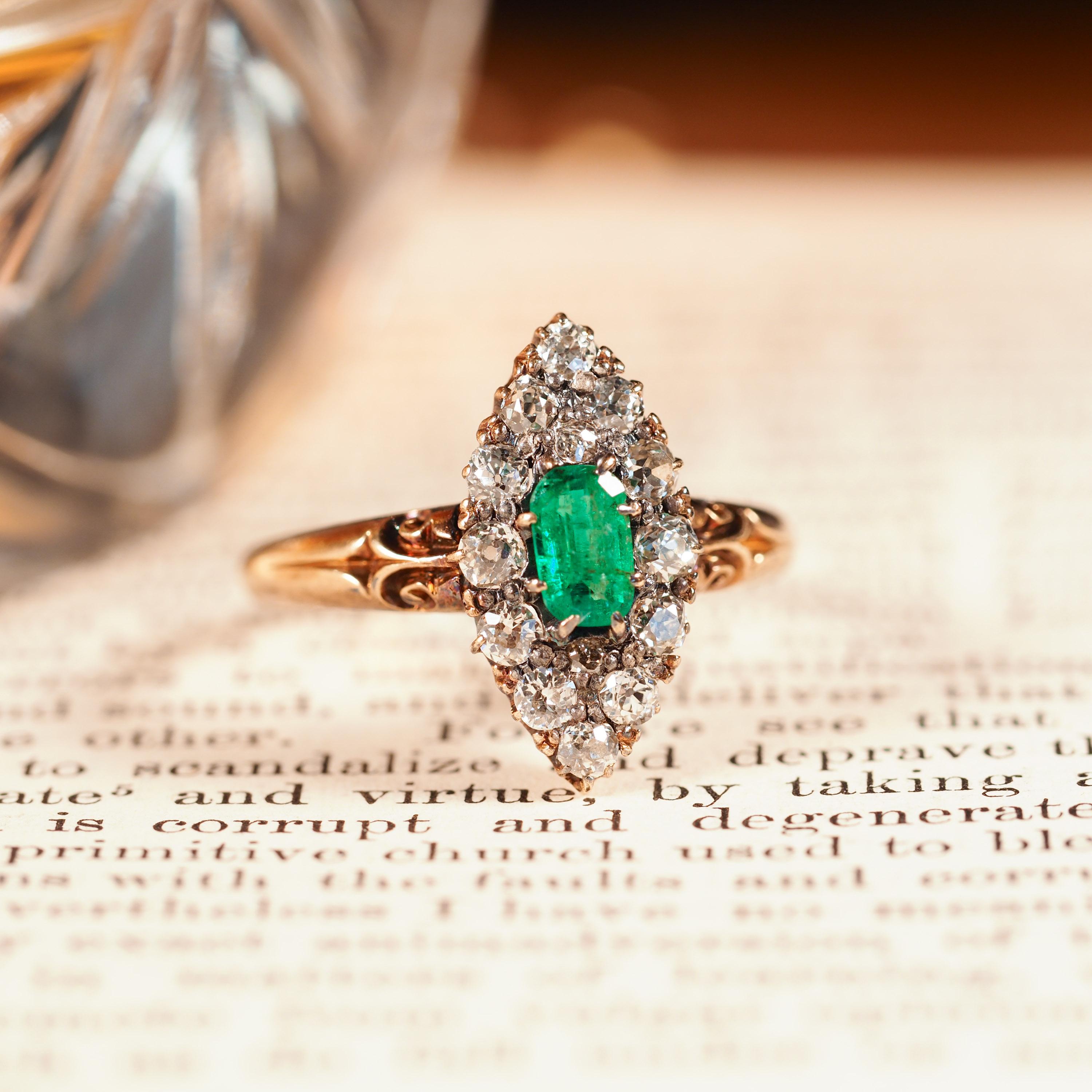 Women's or Men's Antique Victorian 18K Gold Emerald & Diamond Navette Cluster Ring - c.1880 For Sale