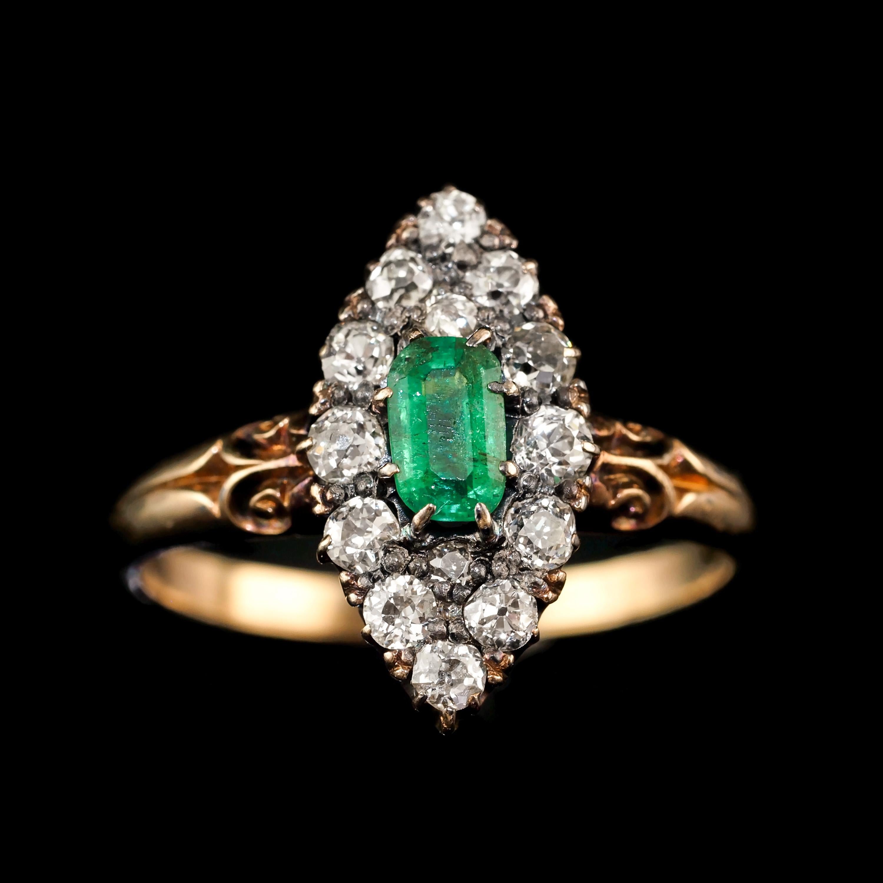 Antique Victorian 18K Gold Emerald & Diamond Navette Cluster Ring - c.1880 For Sale 1