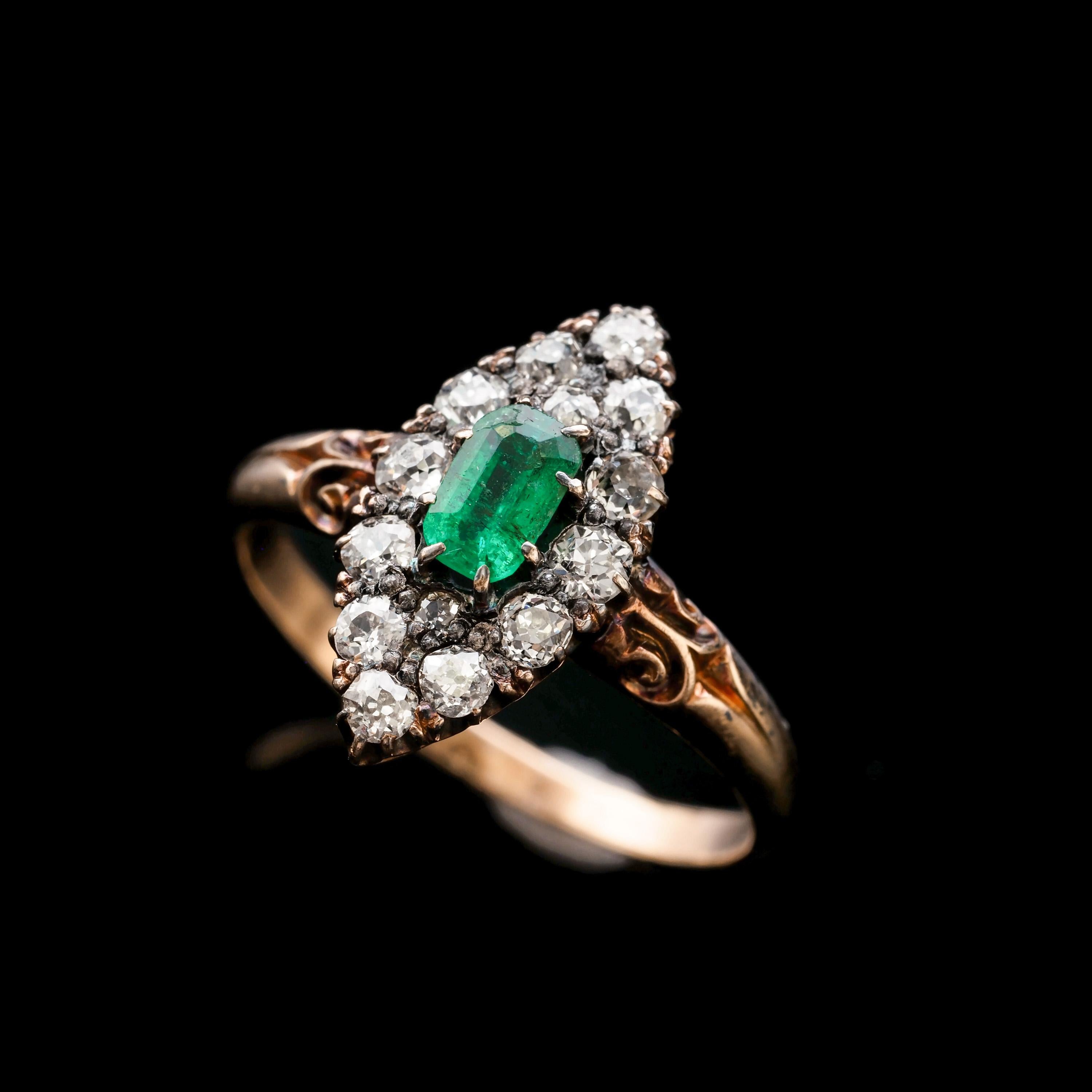 Antique Victorian 18K Gold Emerald & Diamond Navette Cluster Ring - c.1880 For Sale 3