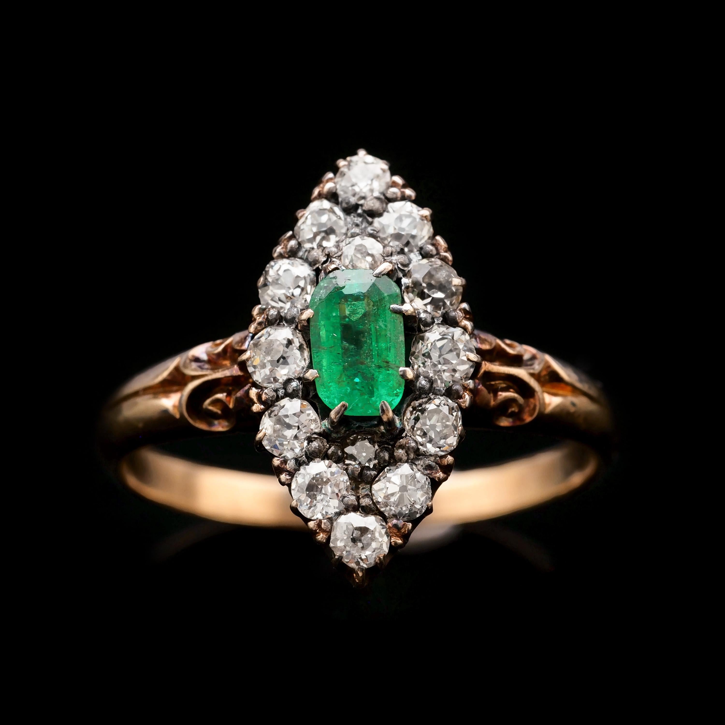 Antique Victorian 18K Gold Emerald & Diamond Navette Cluster Ring - c.1880 For Sale 4