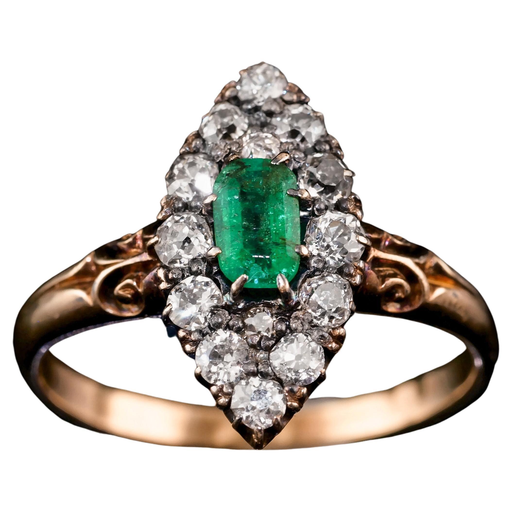 Antique Victorian 18K Gold Emerald & Diamond Navette Cluster Ring - c.1880 For Sale