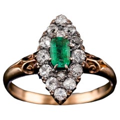 Antique Victorian 18K Gold Emerald & Diamond Navette Cluster Ring - c.1880