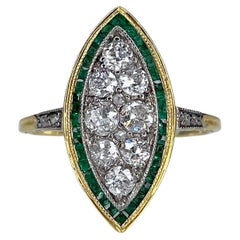 Antique Victorian 18K Gold Emerald Old Cut Diamond Navette Ring