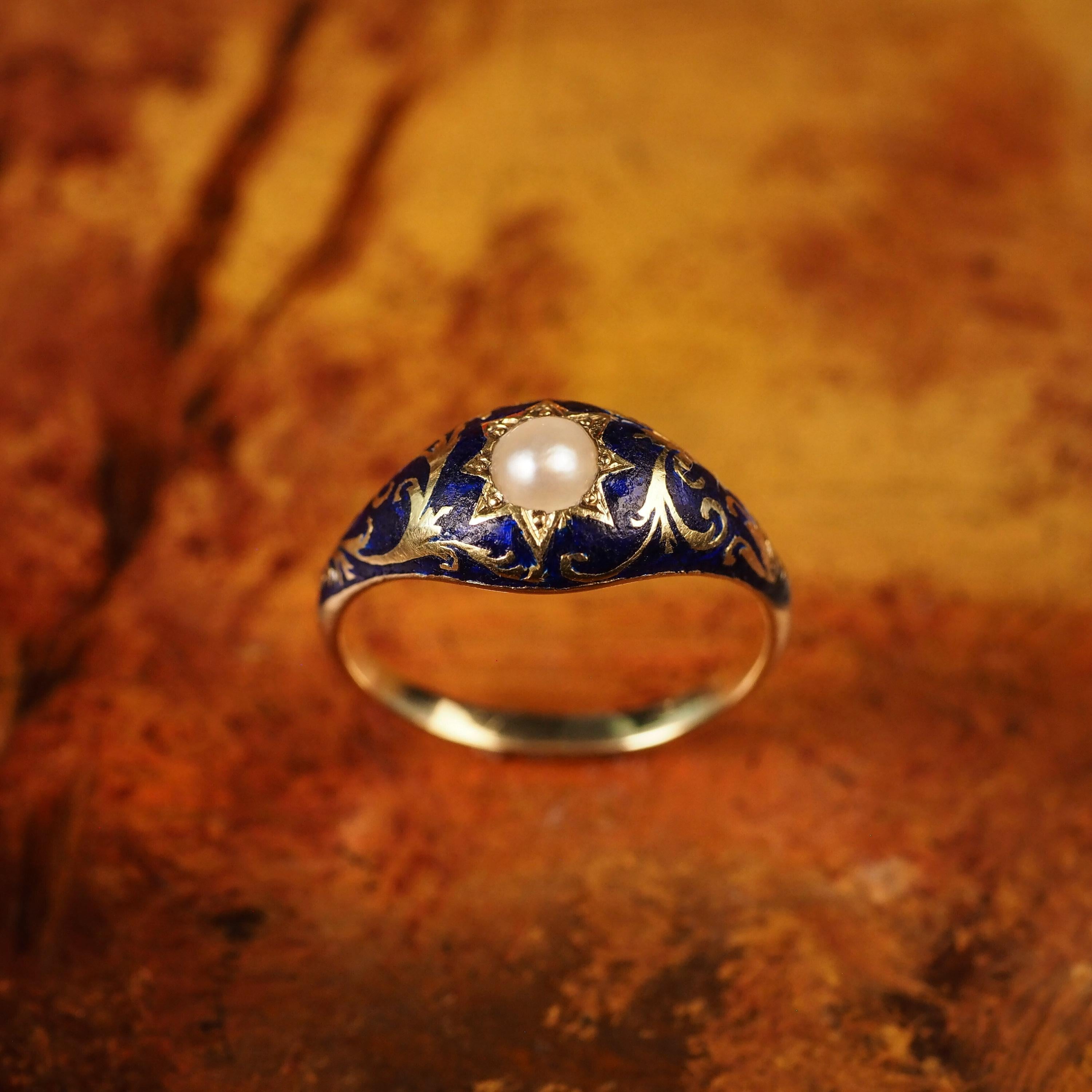 Antique Victorian 18K Gold Enamel & Pearl Ring with Scrolled Decorations c.1880 4