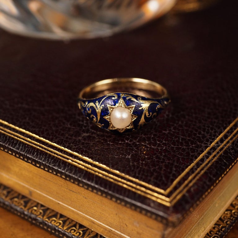 Antique Victorian 18K Gold Enamel & Pearl Ring with Scrolled Decorations c.1880 For Sale 8