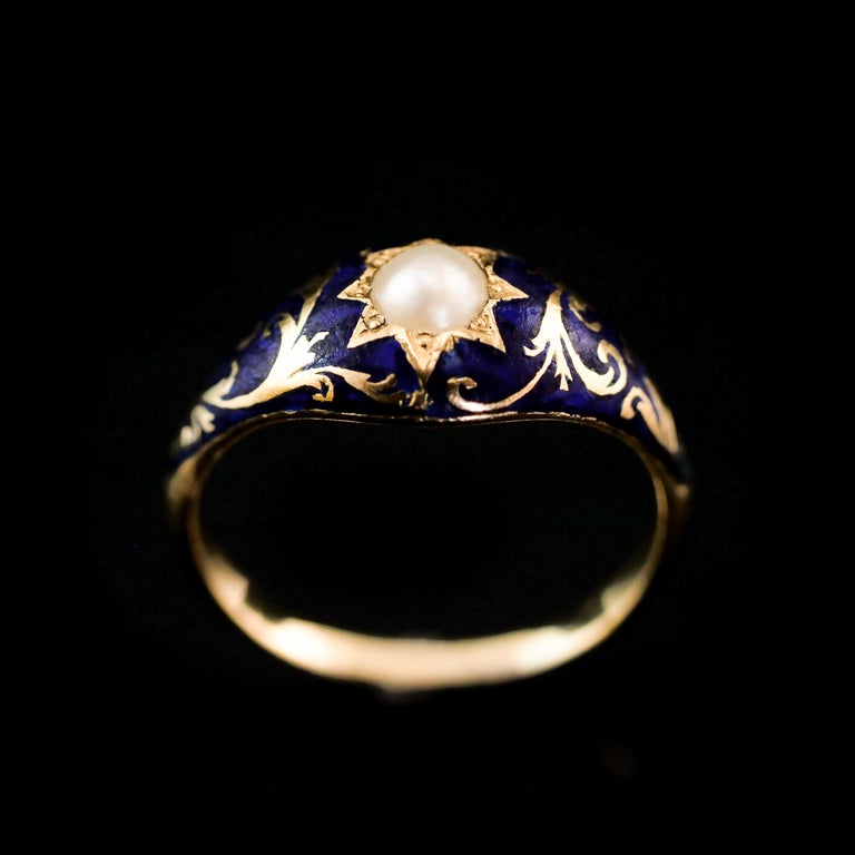 Women's or Men's Antique Victorian 18K Gold Enamel & Pearl Ring with Scrolled Decorations c.1880 For Sale