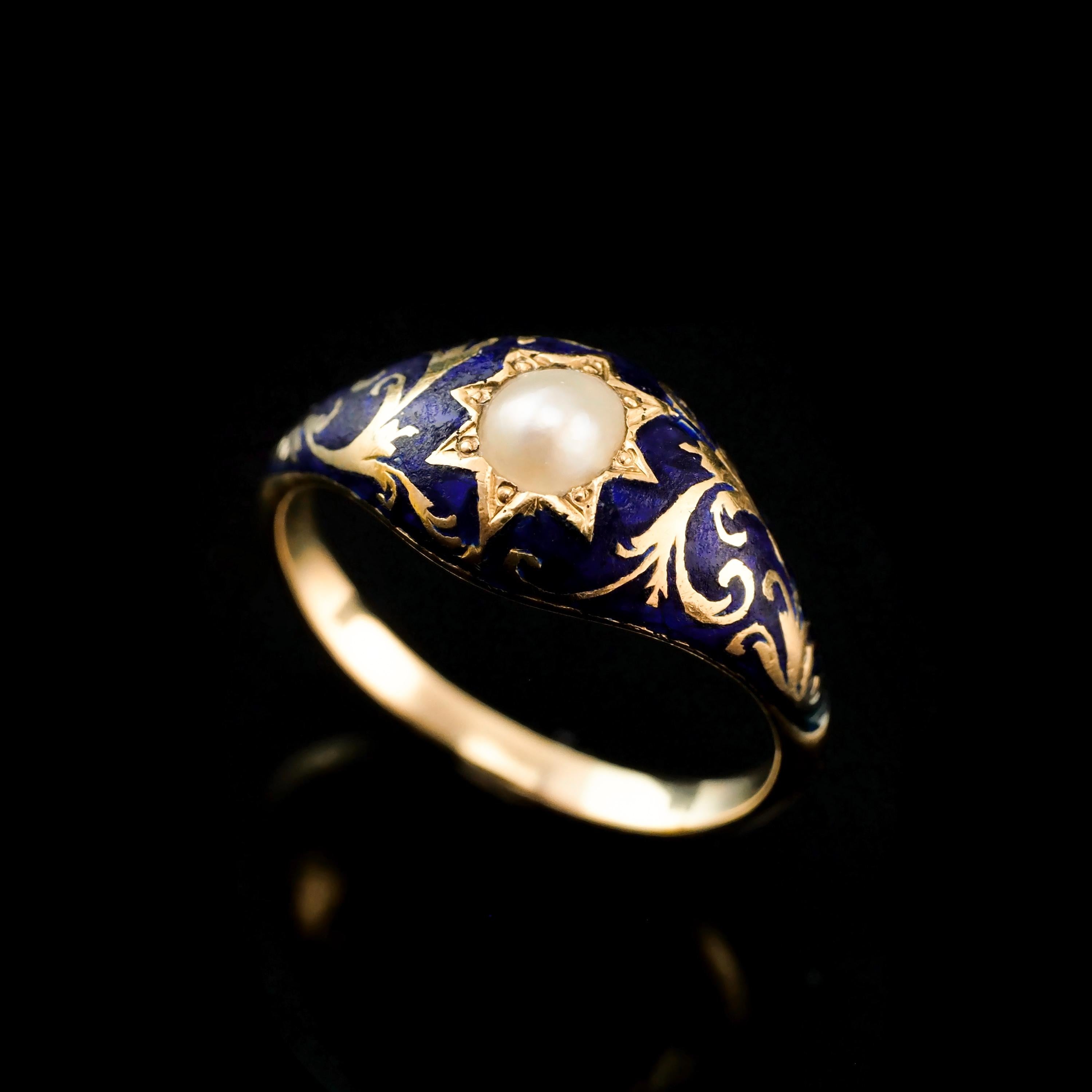 Antique Victorian 18K Gold Enamel & Pearl Ring with Scrolled Decorations c.1880 In Good Condition In London, GB