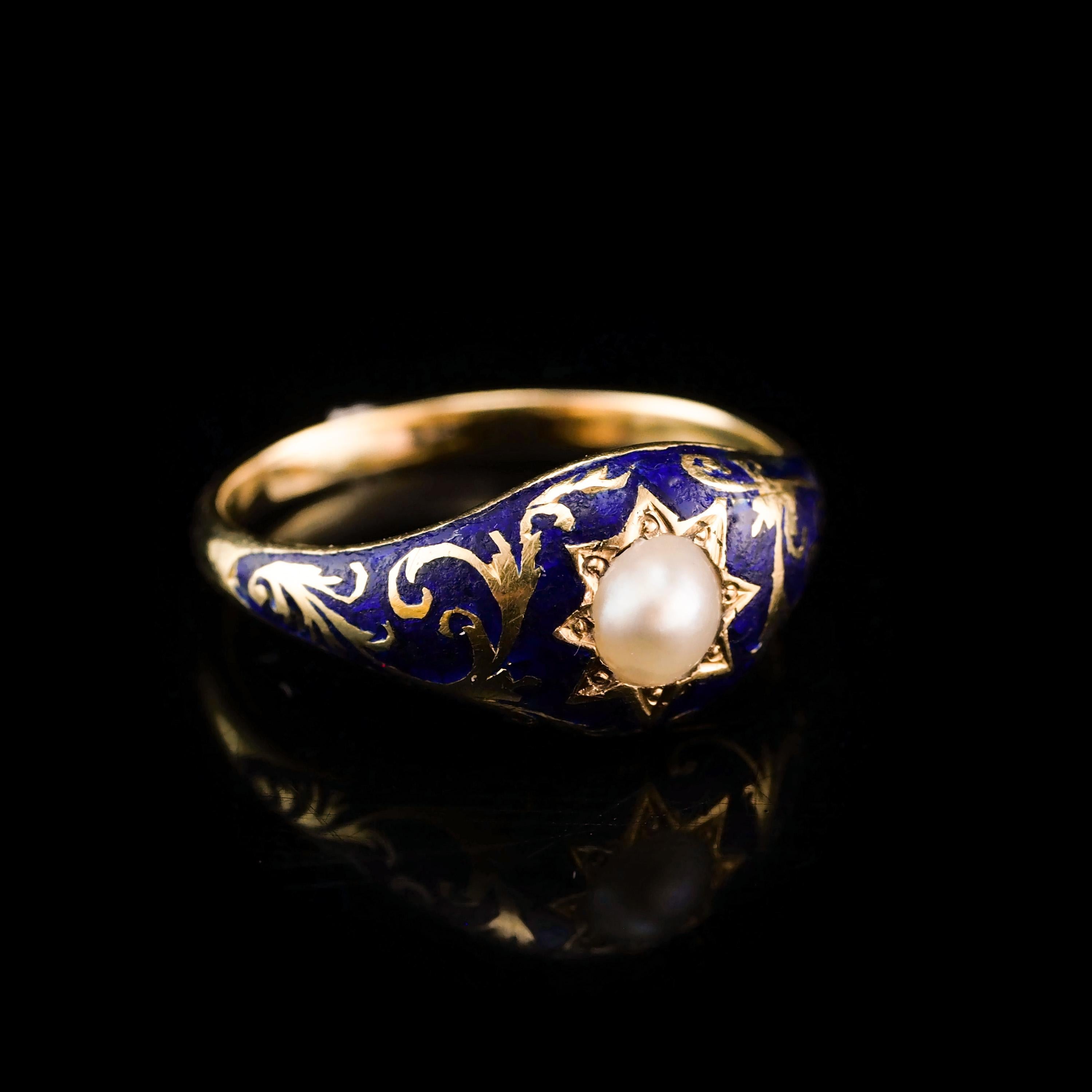 Antique Victorian 18K Gold Enamel & Pearl Ring with Scrolled Decorations c.1880 1