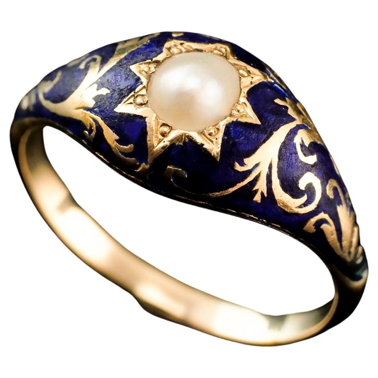 Antique Victorian 18K Gold Enamel & Pearl Ring with Scrolled Decorations c.1880 For Sale