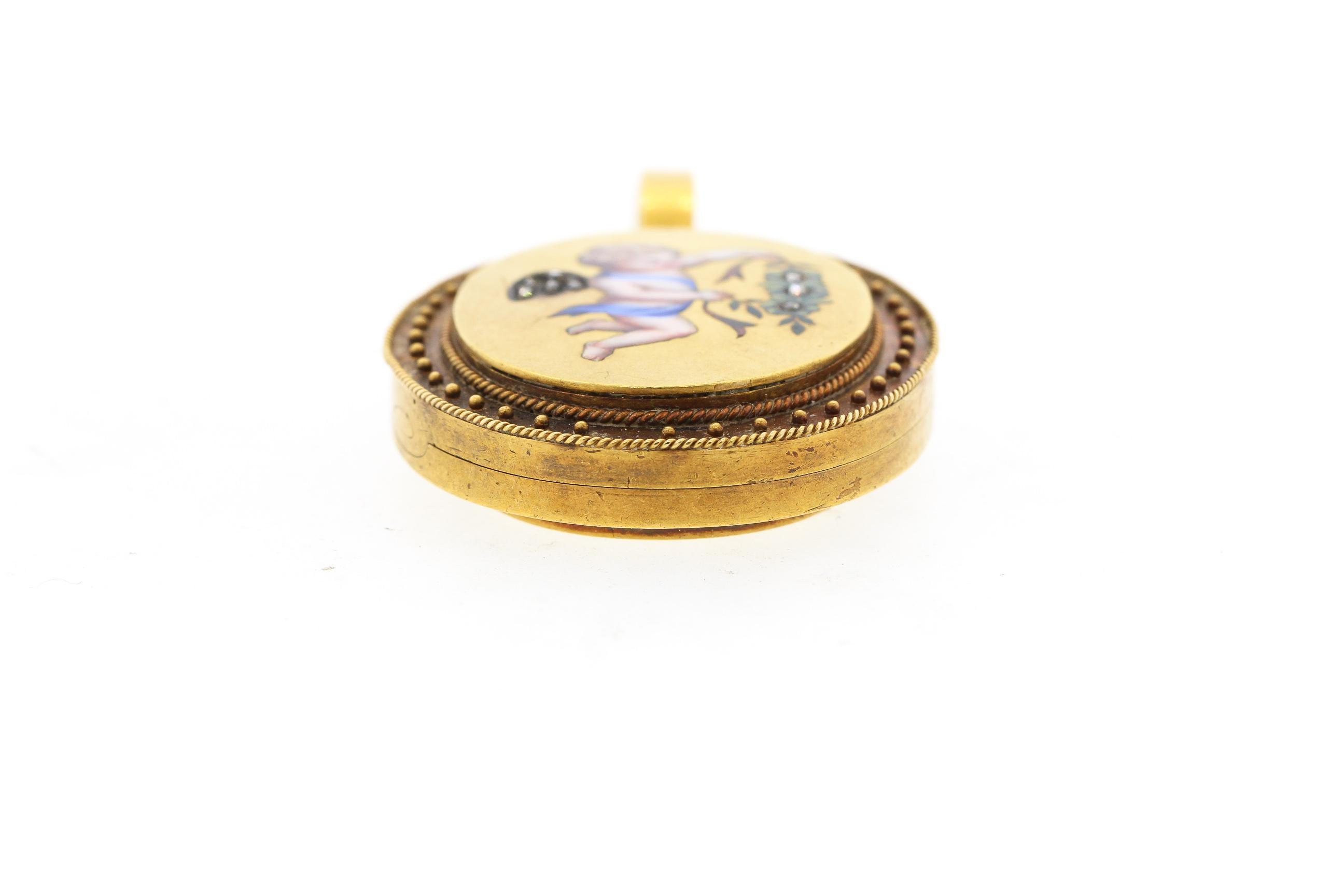 Late Victorian Antique Victorian 18 Karat Gold Enamel Rose Cut Diamond Cherub Locket