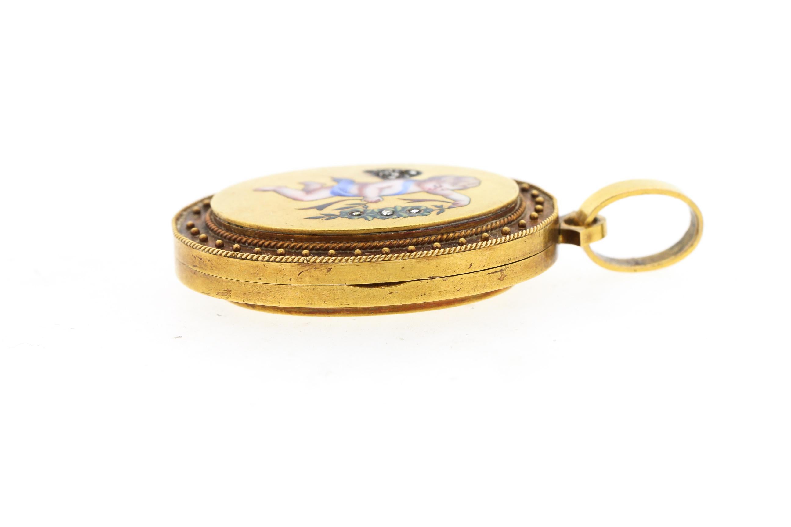 Antique Victorian 18 Karat Gold Enamel Rose Cut Diamond Cherub Locket In Good Condition In New York, NY