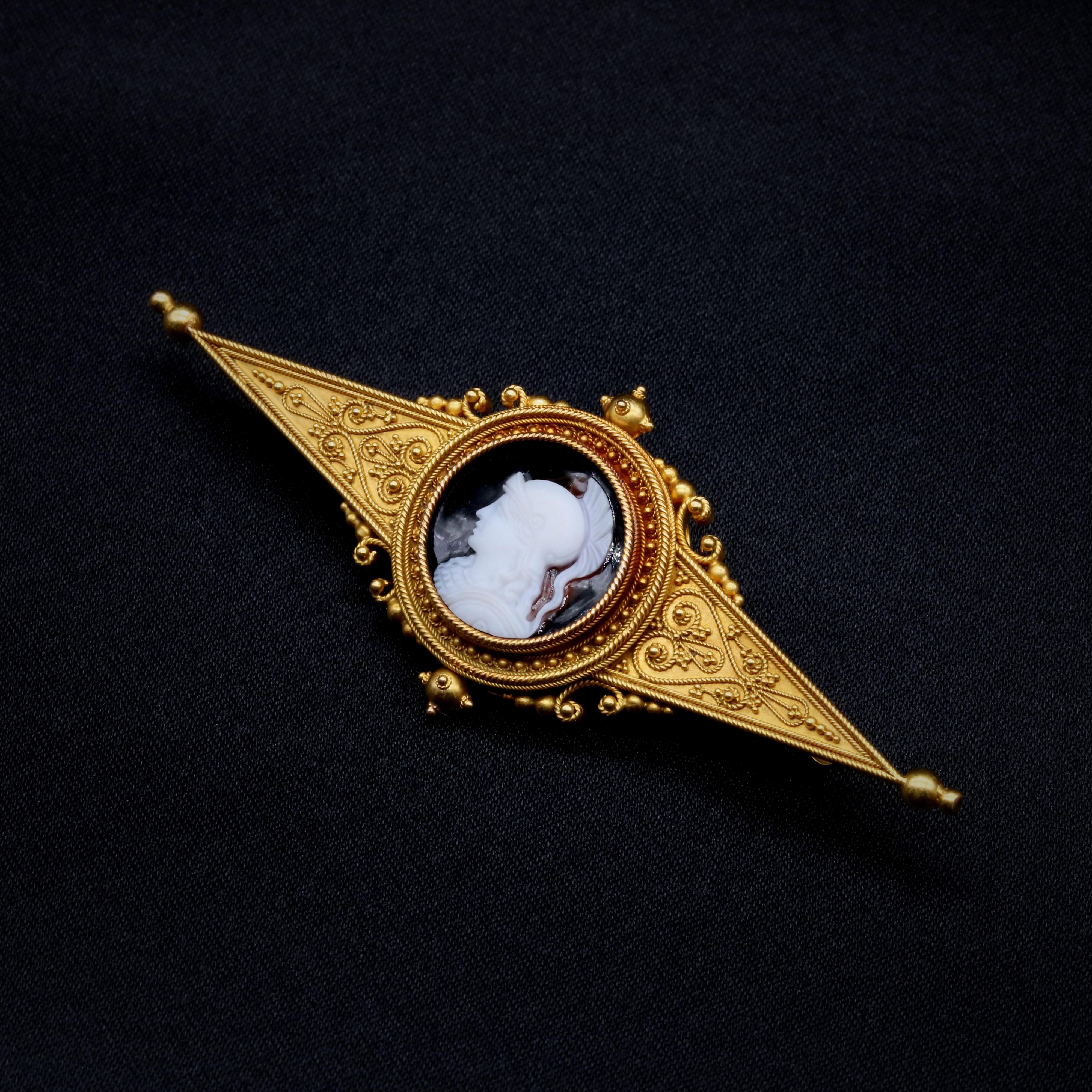 Cabochon Antique Victorian 18K Gold Etruscan Revival Banded Agate Athena Cameo Brooch For Sale