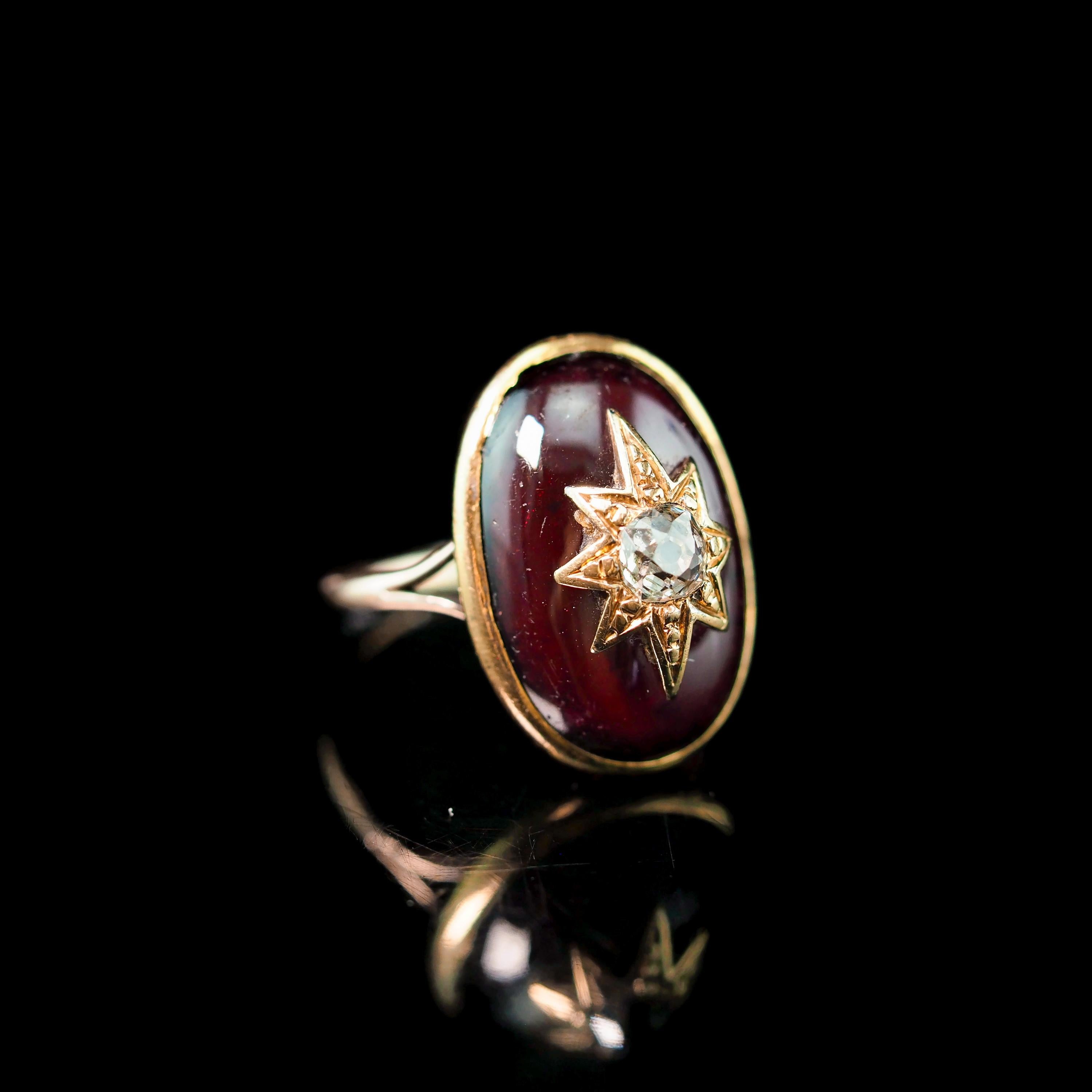 Antique Victorian 18k Gold Garnet Cabochon & Diamond Star Ring - C.1860 3