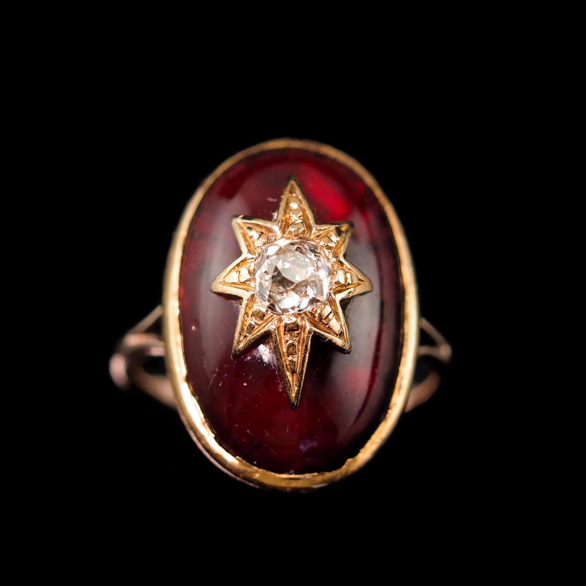 Antique Victorian 18k Gold Garnet Cabochon & Diamond Star Ring - C.1860 5
