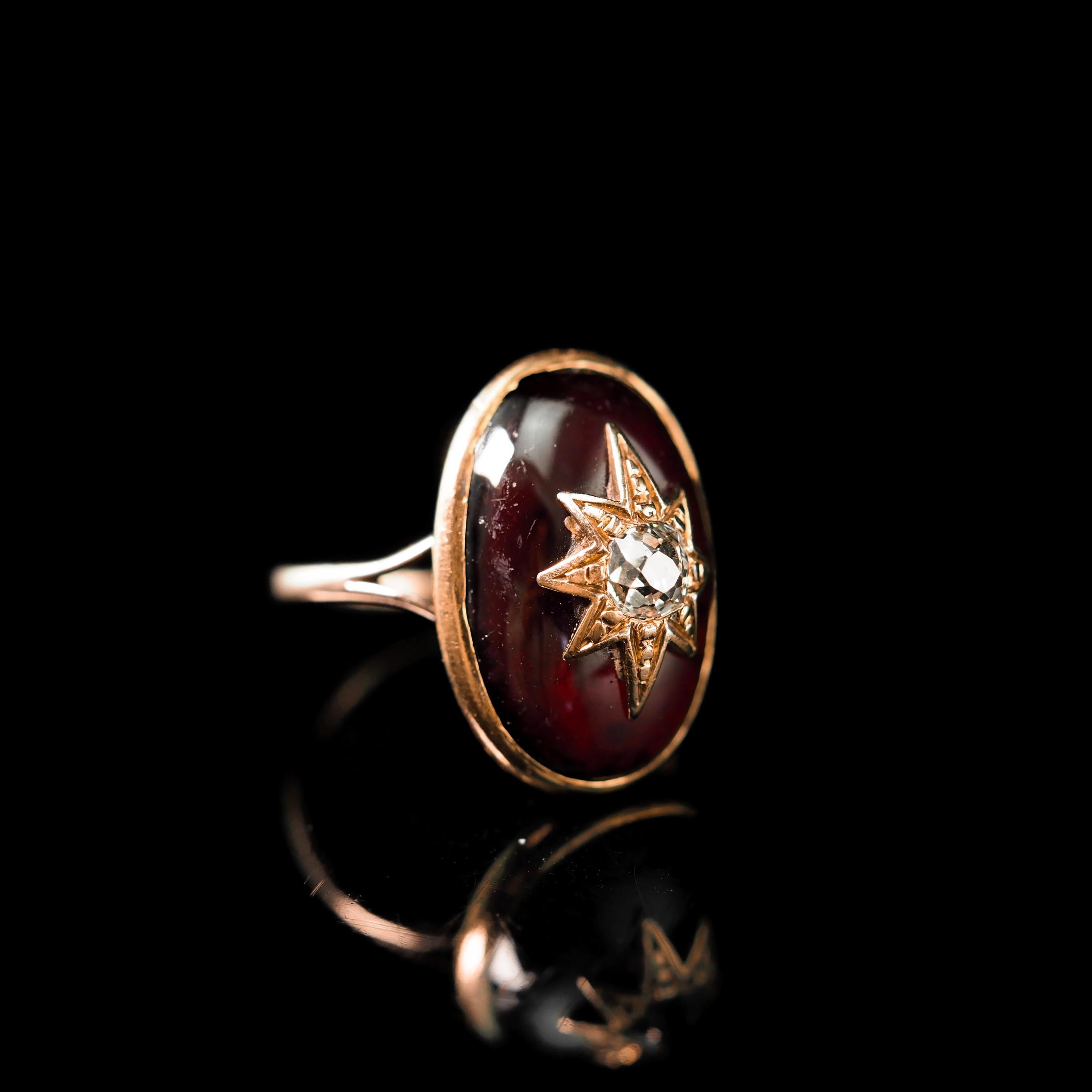 Antique Victorian 18k Gold Garnet Cabochon & Diamond Star Ring - C.1860 7