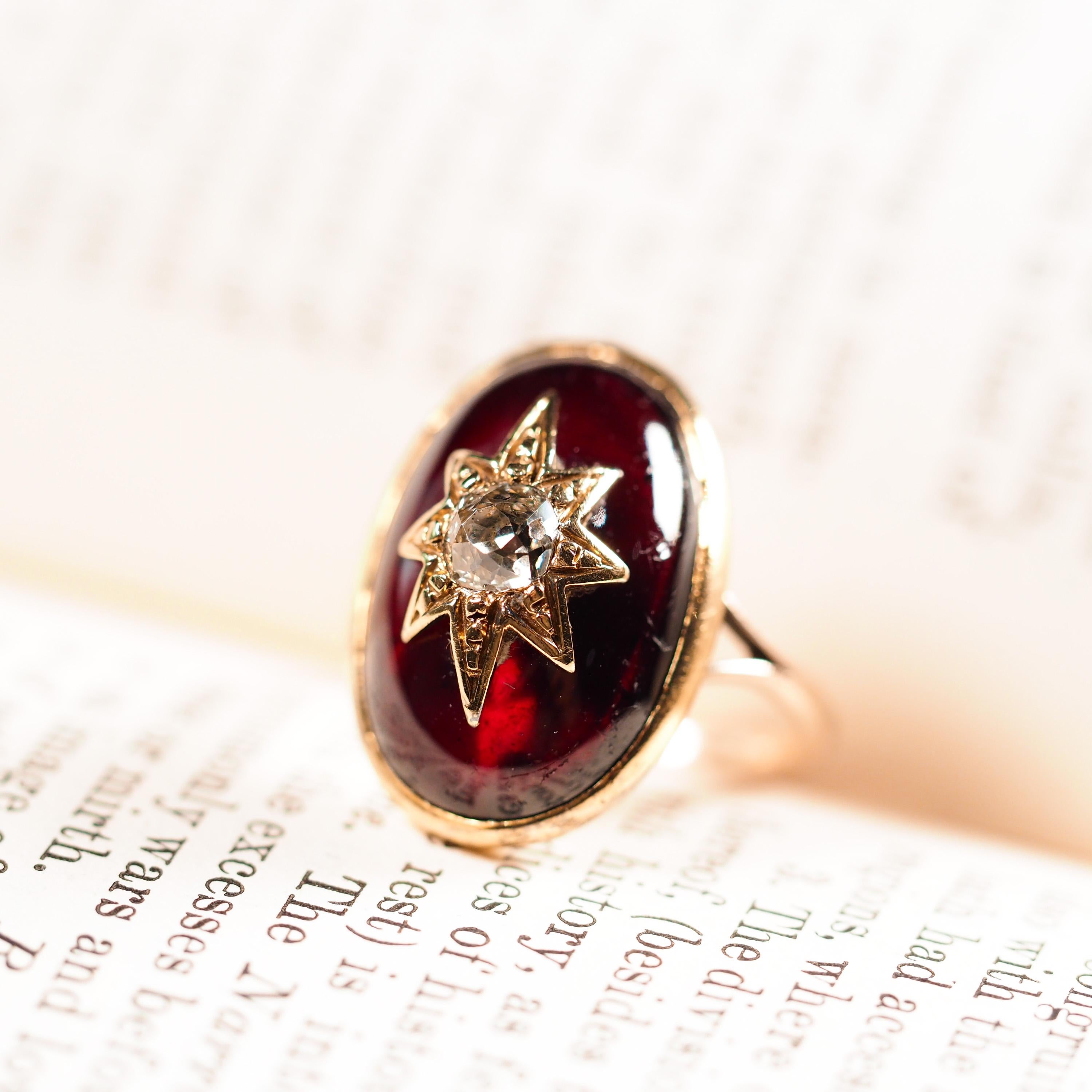 Antique Victorian 18k Gold Garnet Cabochon & Diamond Star Ring - C.1860 12